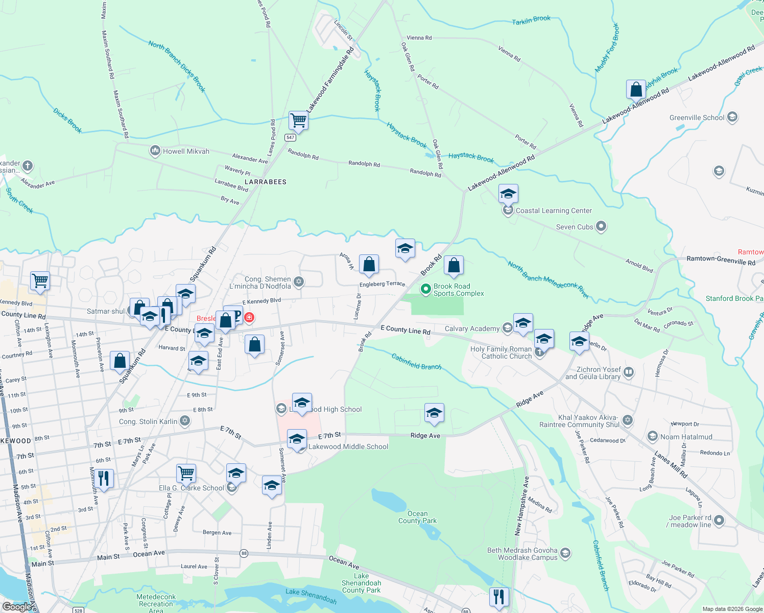 map of restaurants, bars, coffee shops, grocery stores, and more near 963 Brook Rd in Lakewood Township