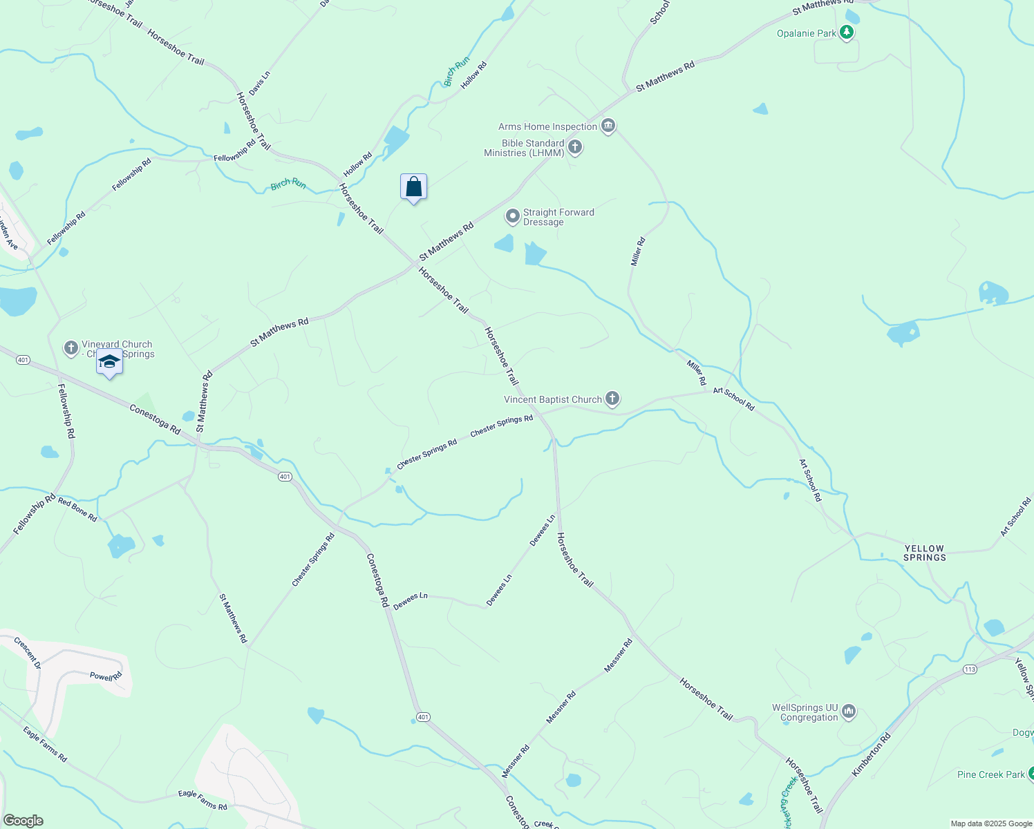 map of restaurants, bars, coffee shops, grocery stores, and more near 2217 Chester Springs Road in Chester Springs