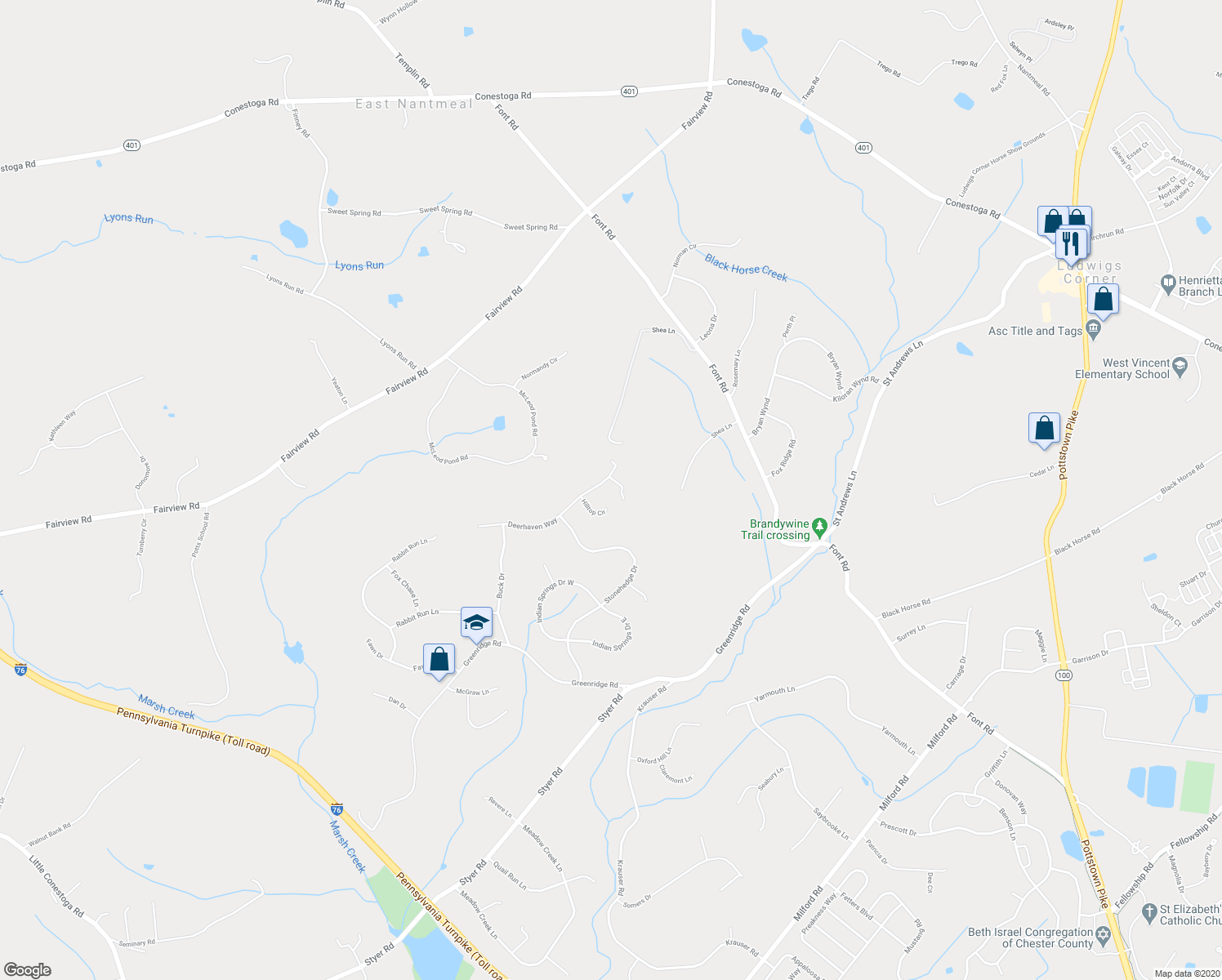 map of restaurants, bars, coffee shops, grocery stores, and more near 502 Foxclove Circle in Glenmoore