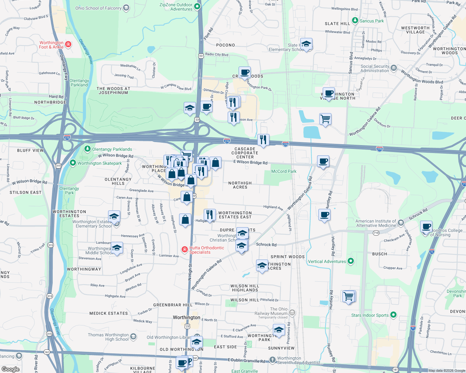 map of restaurants, bars, coffee shops, grocery stores, and more near 139 Northigh Drive in Worthington