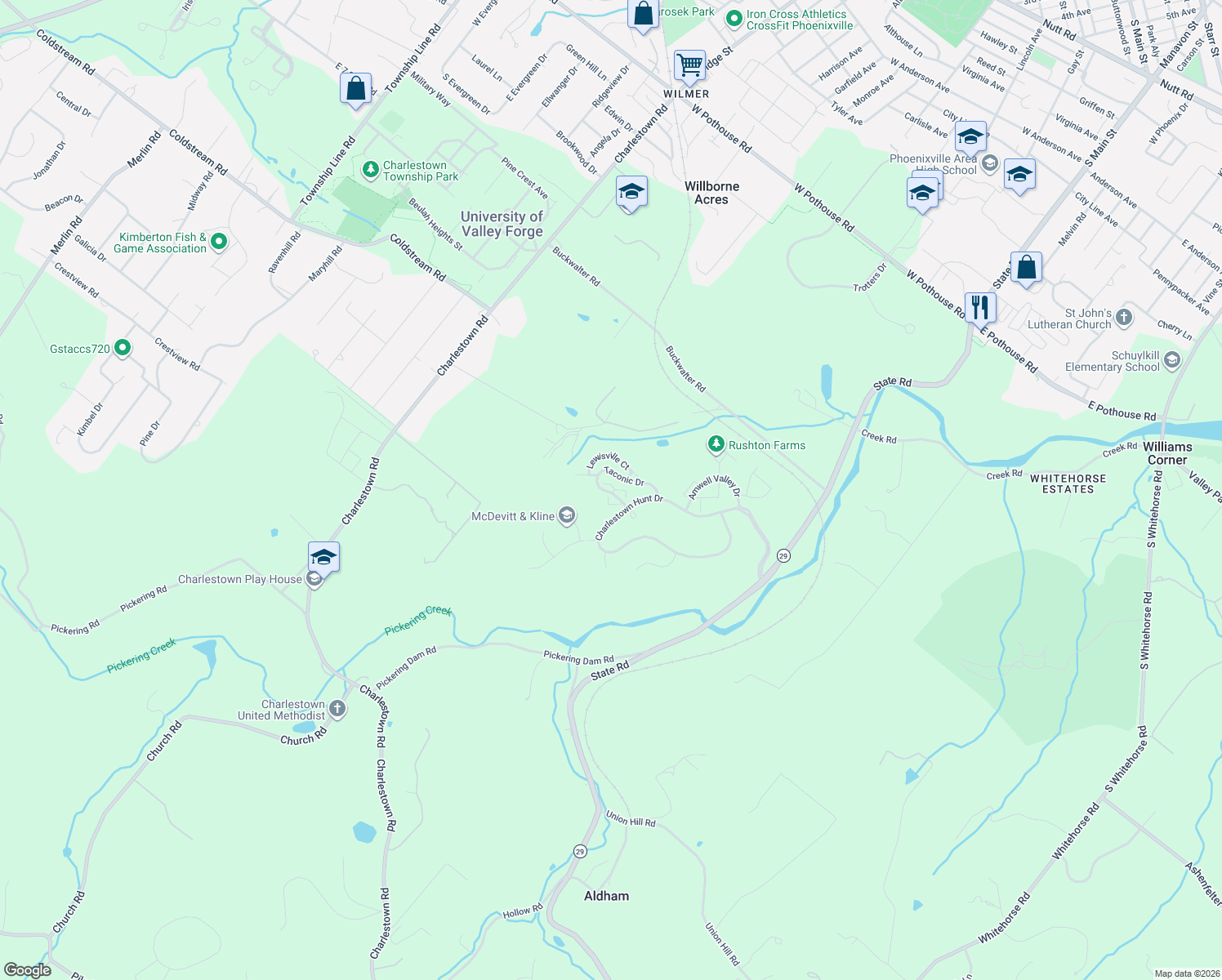 map of restaurants, bars, coffee shops, grocery stores, and more near 132 Bellwood Court in Phoenixville