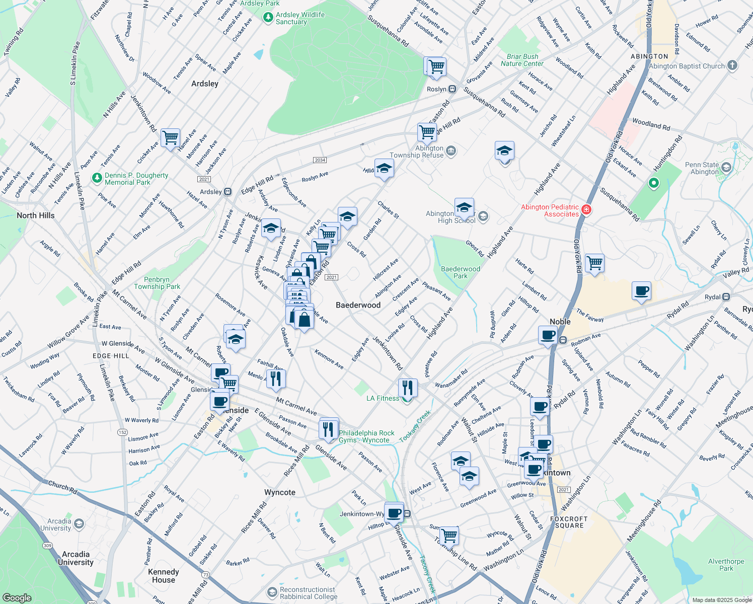 map of restaurants, bars, coffee shops, grocery stores, and more near 527 Abington Avenue in Glenside
