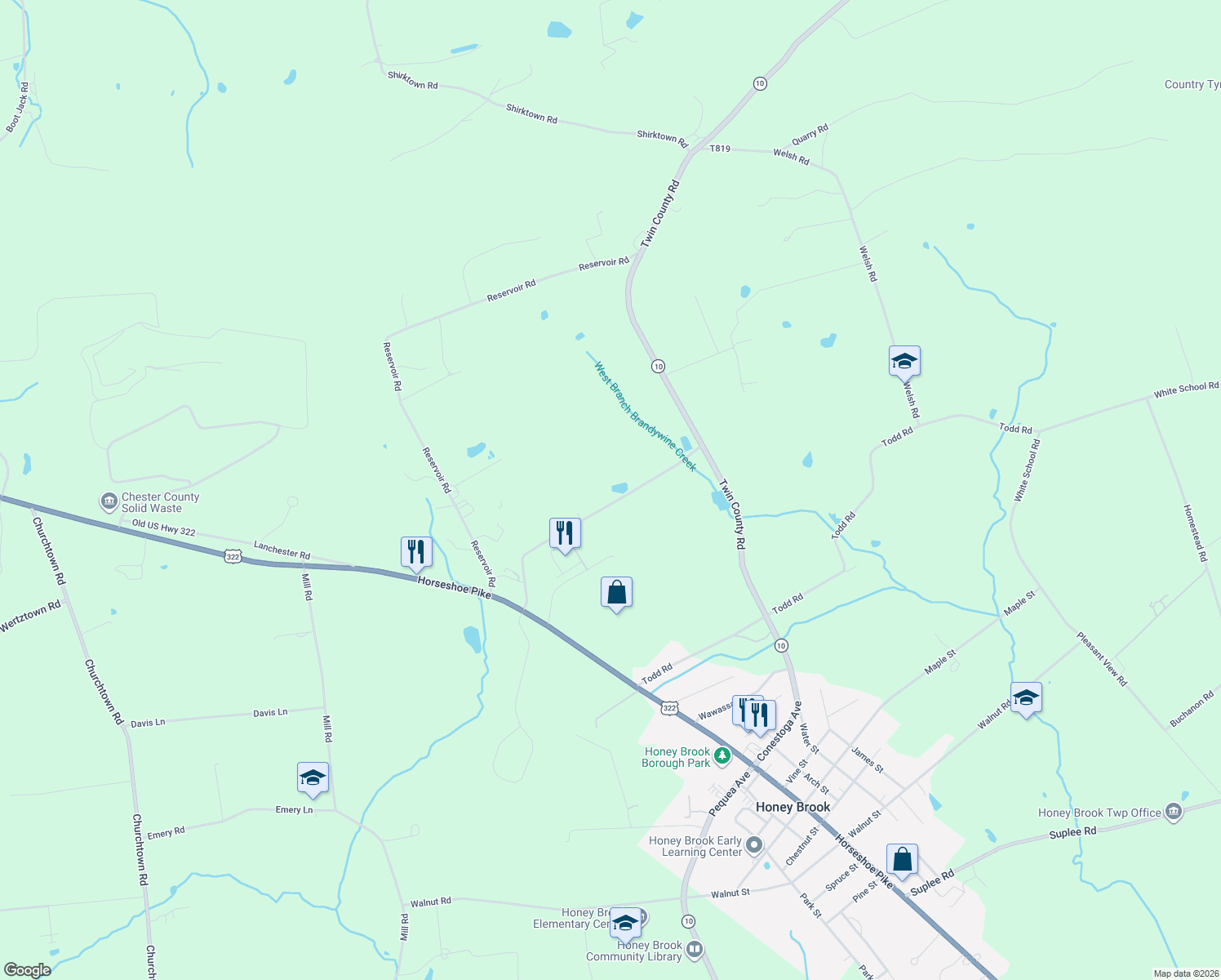 map of restaurants, bars, coffee shops, grocery stores, and more near 374 Poplar Road in Honey Brook