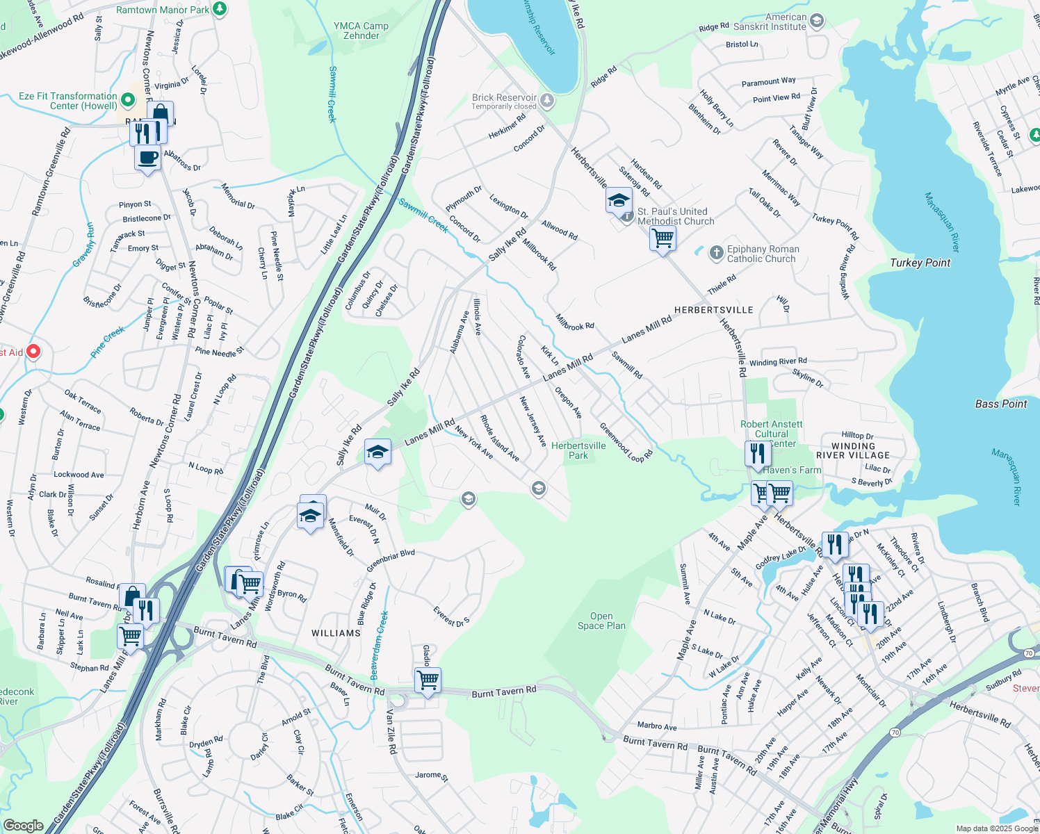 map of restaurants, bars, coffee shops, grocery stores, and more near 533 Pennsylvania Avenue in Brick