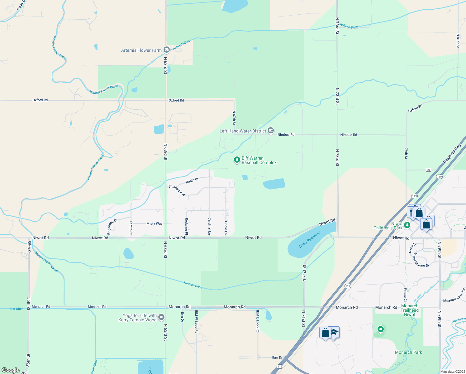 map of restaurants, bars, coffee shops, grocery stores, and more near 6699 Bluebird Avenue in Longmont