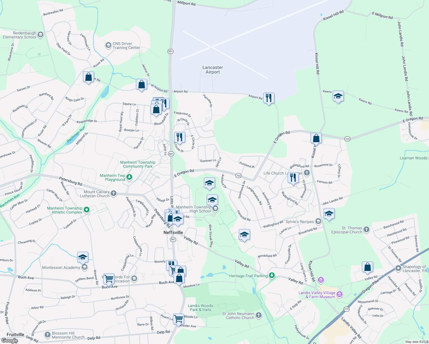 map of restaurants, bars, coffee shops, grocery stores, and more near 278 East Oregon Road in Lititz