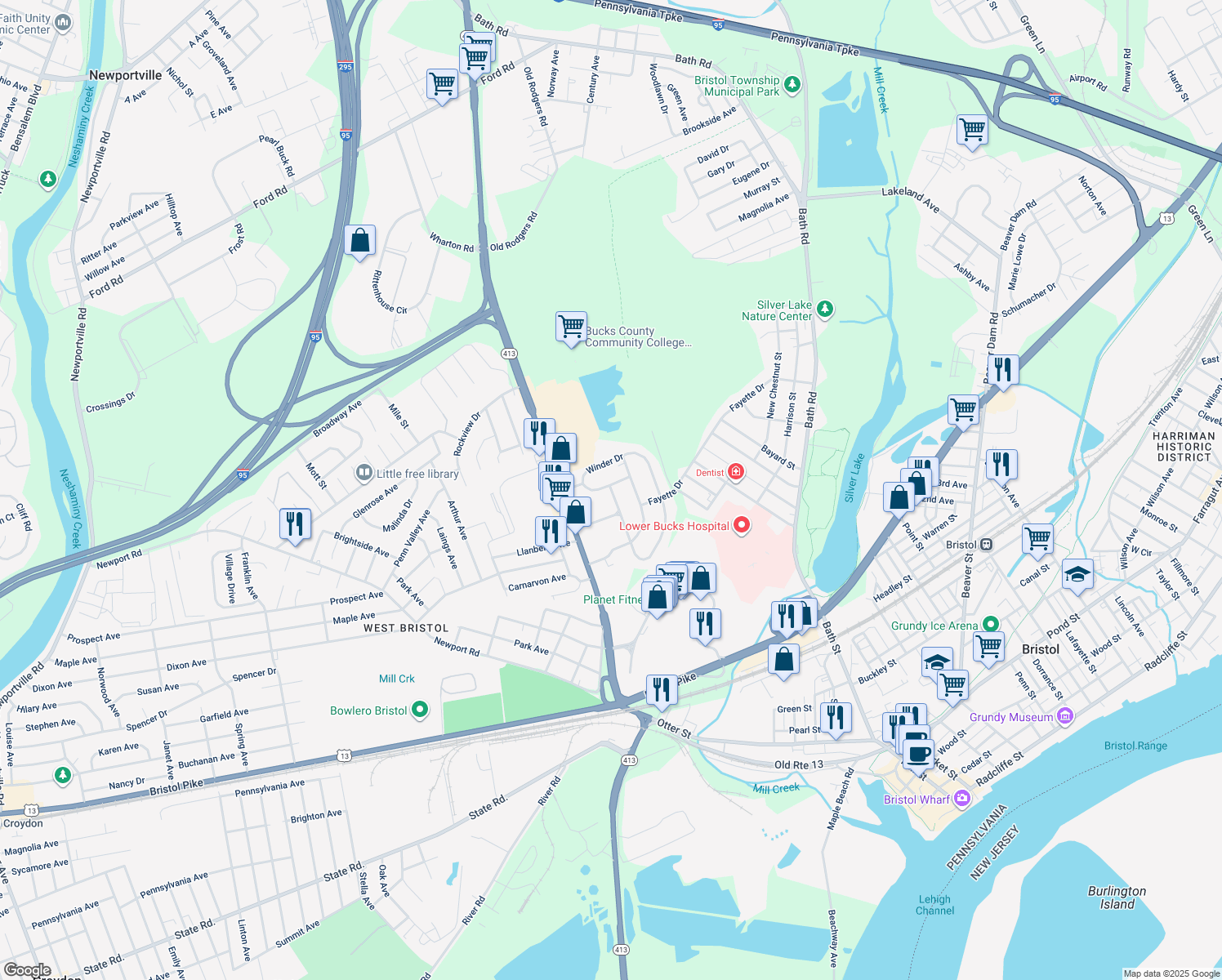 map of restaurants, bars, coffee shops, grocery stores, and more near 610 Winder Drive in Bristol