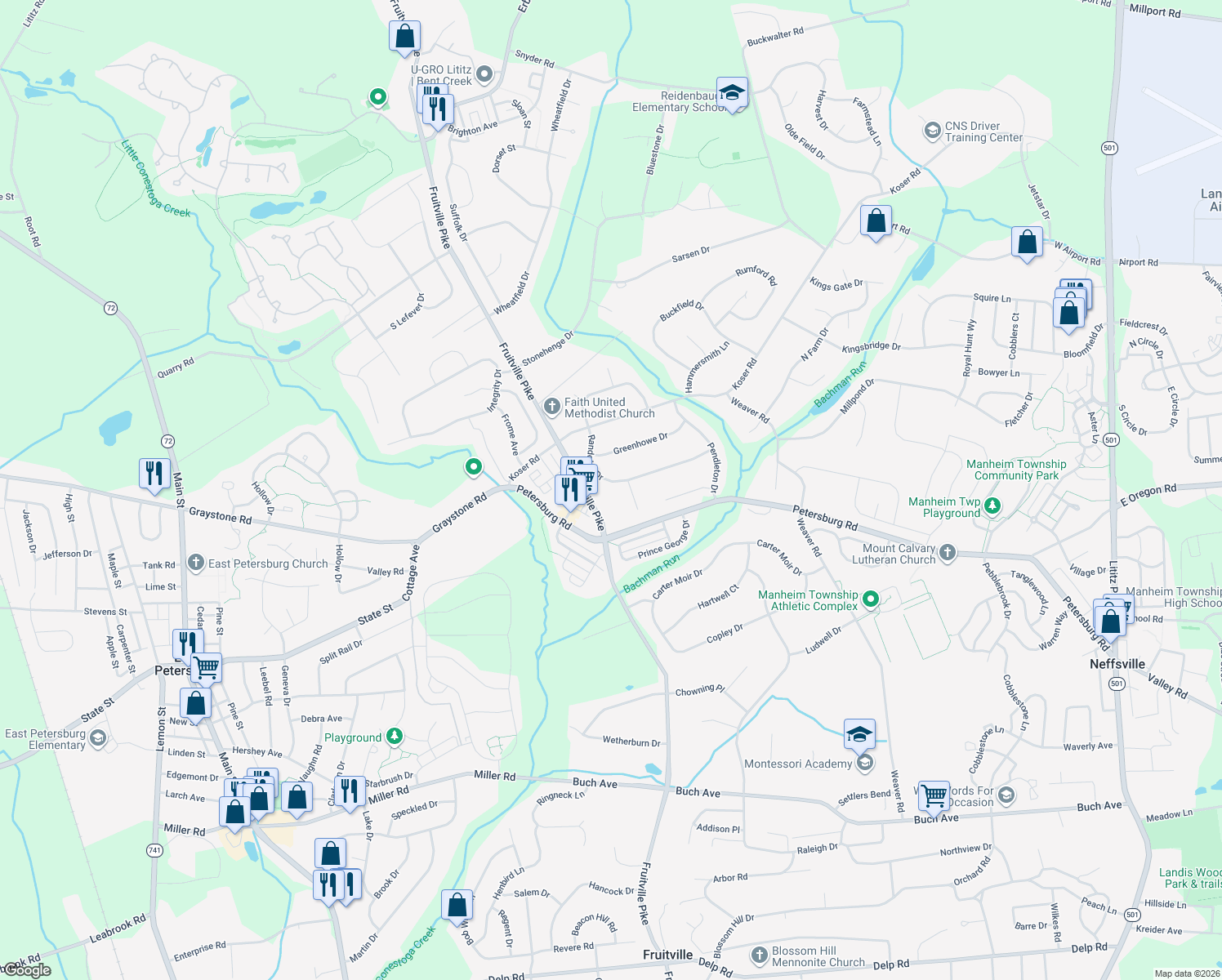 map of restaurants, bars, coffee shops, grocery stores, and more near 546 Randolph Dr in Lititz