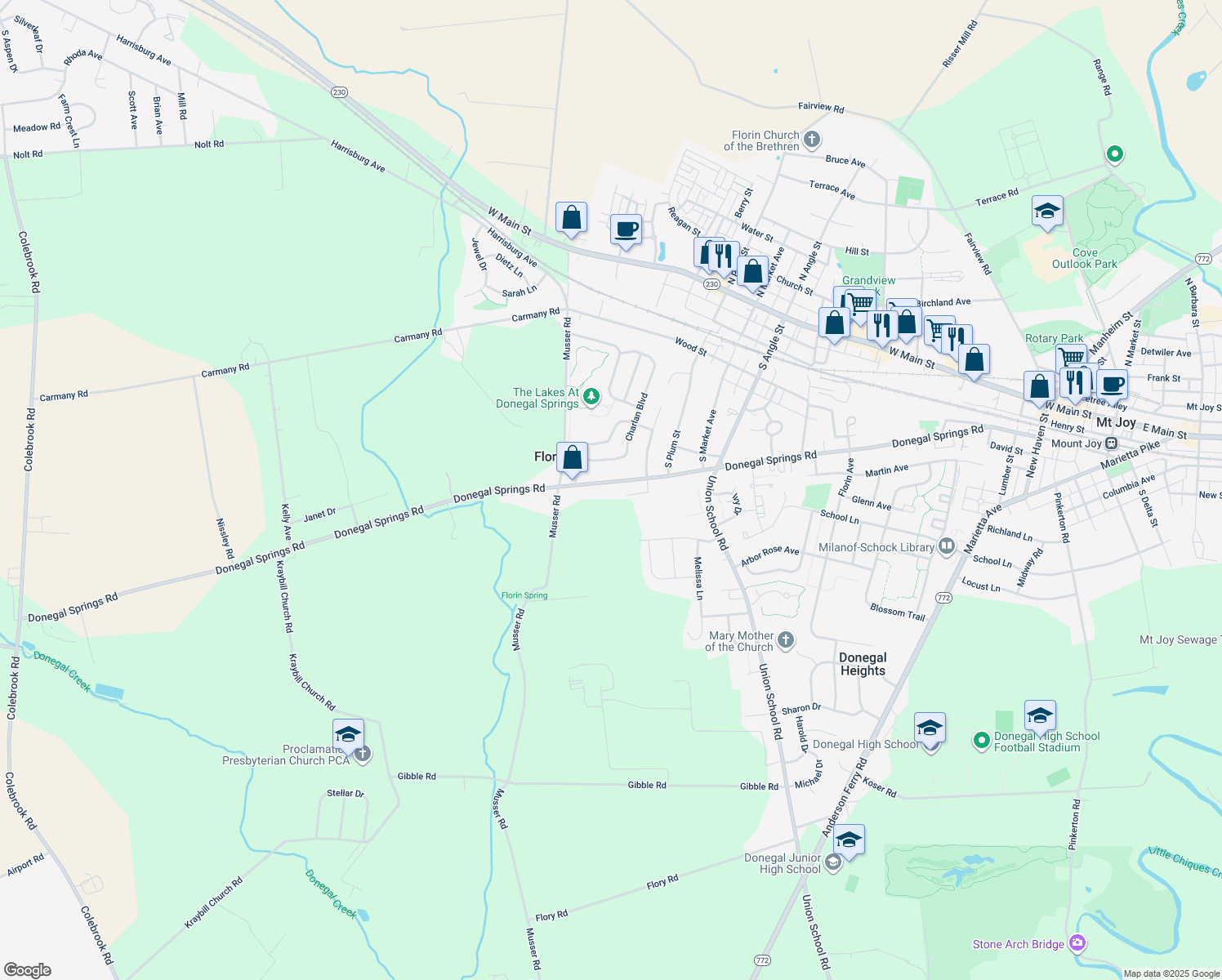 map of restaurants, bars, coffee shops, grocery stores, and more near 1050 Donegal Springs Road in Mount Joy