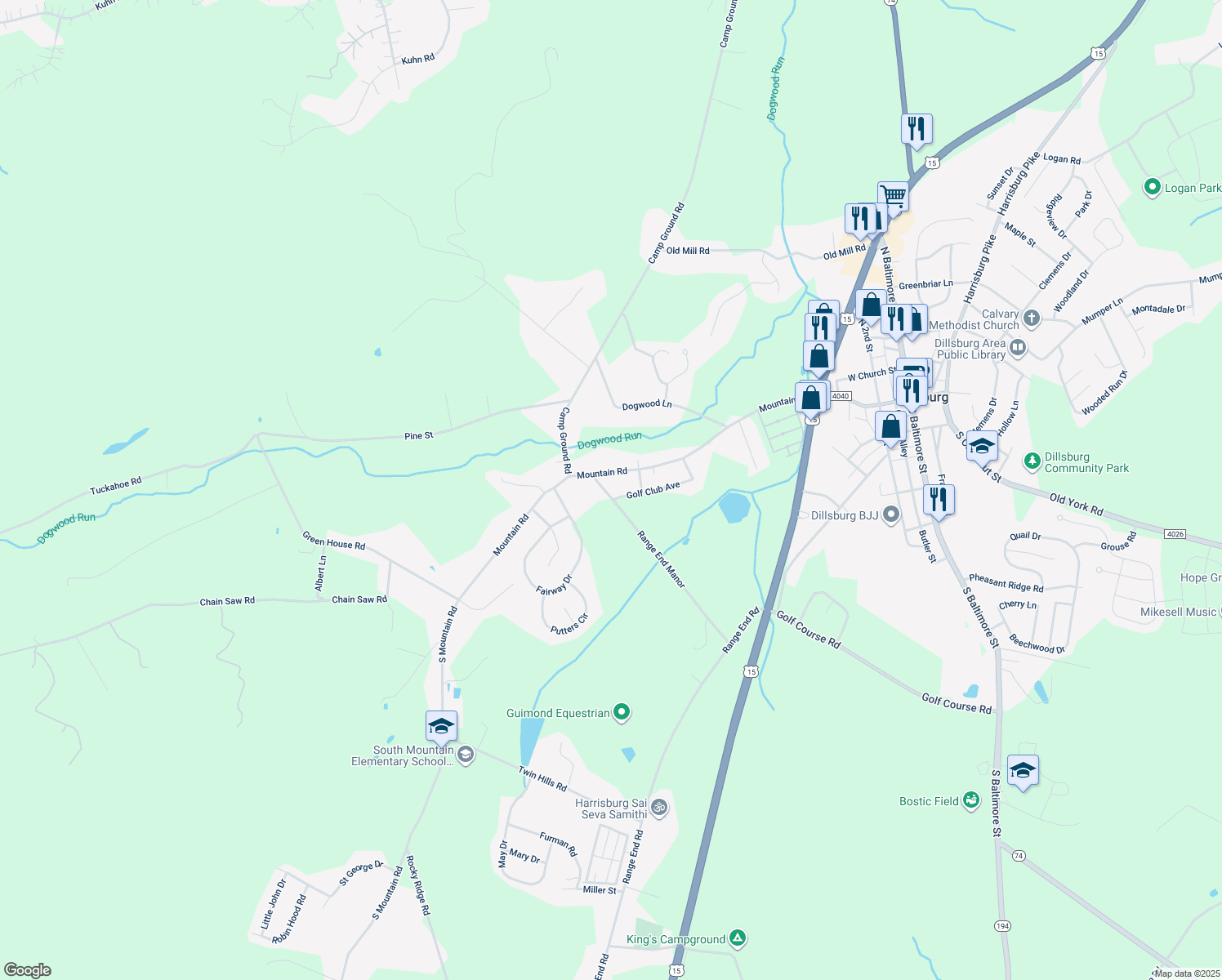 map of restaurants, bars, coffee shops, grocery stores, and more near 408 Golf Club Avenue in Dillsburg