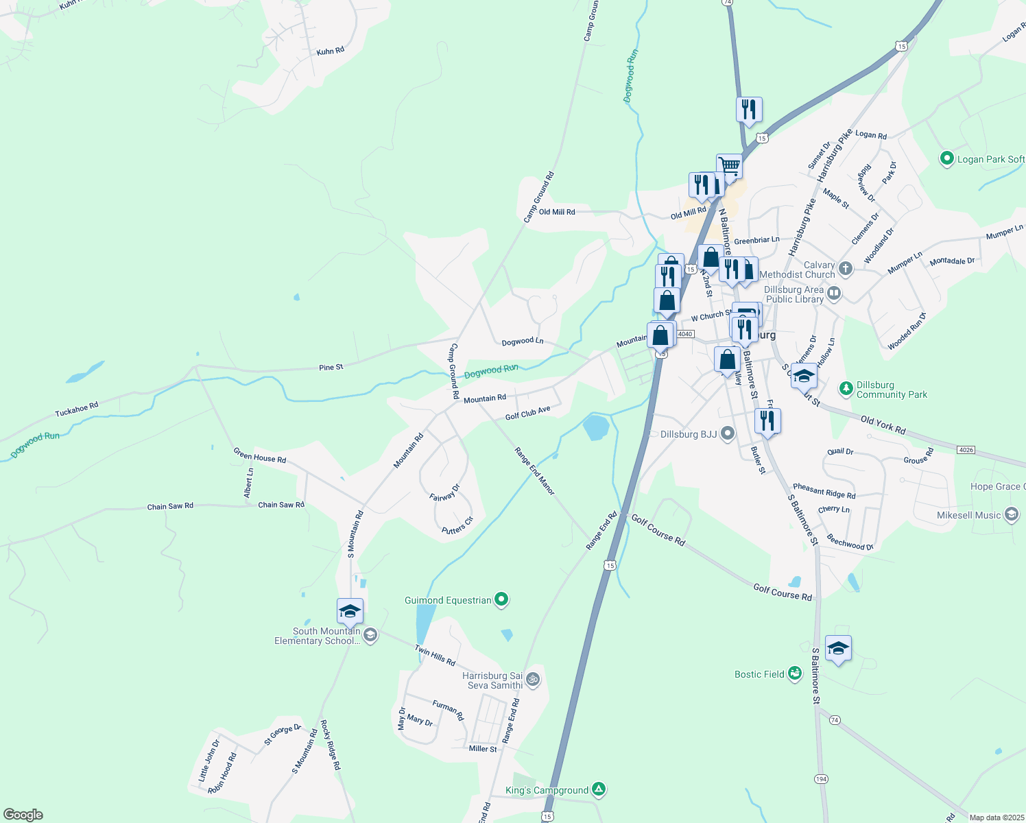 map of restaurants, bars, coffee shops, grocery stores, and more near 402 Golf Club Avenue in Dillsburg