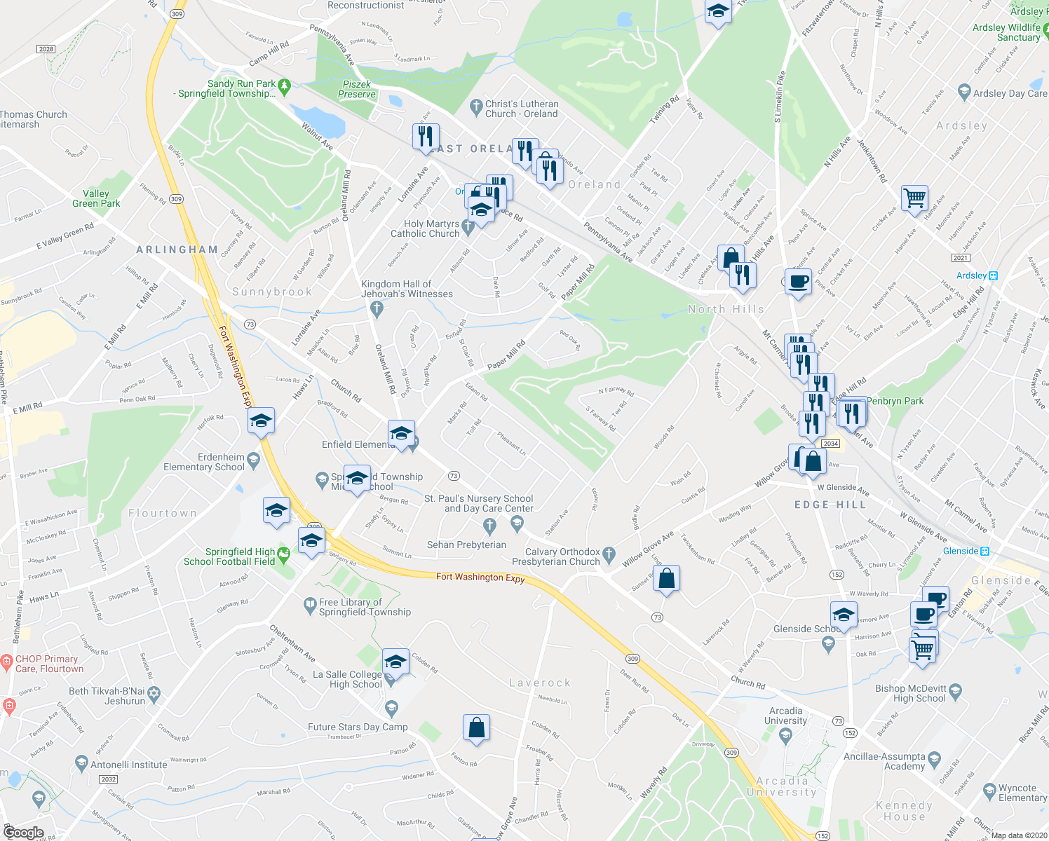 map of restaurants, bars, coffee shops, grocery stores, and more near 1011 Edann Road in Oreland