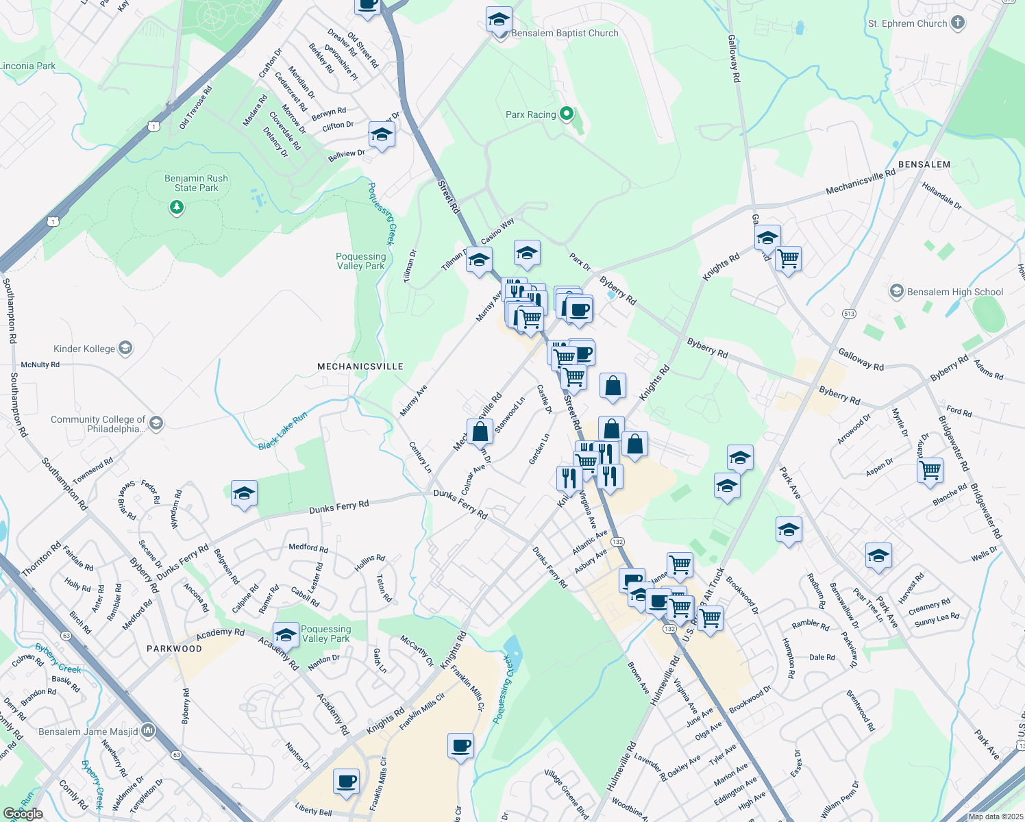 map of restaurants, bars, coffee shops, grocery stores, and more near 2799 Stanwood Lane in Bensalem