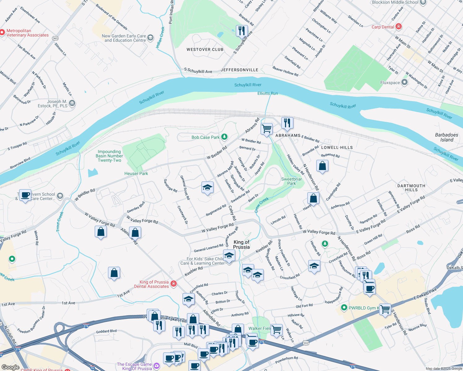 map of restaurants, bars, coffee shops, grocery stores, and more near 712 Suellen Dr in King of Prussia