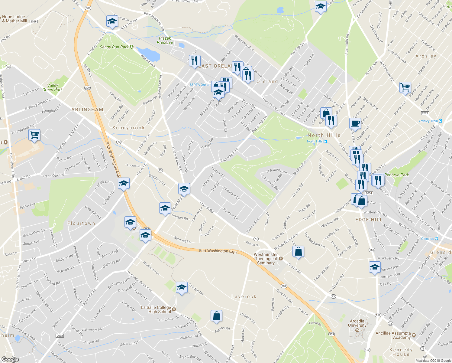 map of restaurants, bars, coffee shops, grocery stores, and more near 1018 Edann Road in Oreland