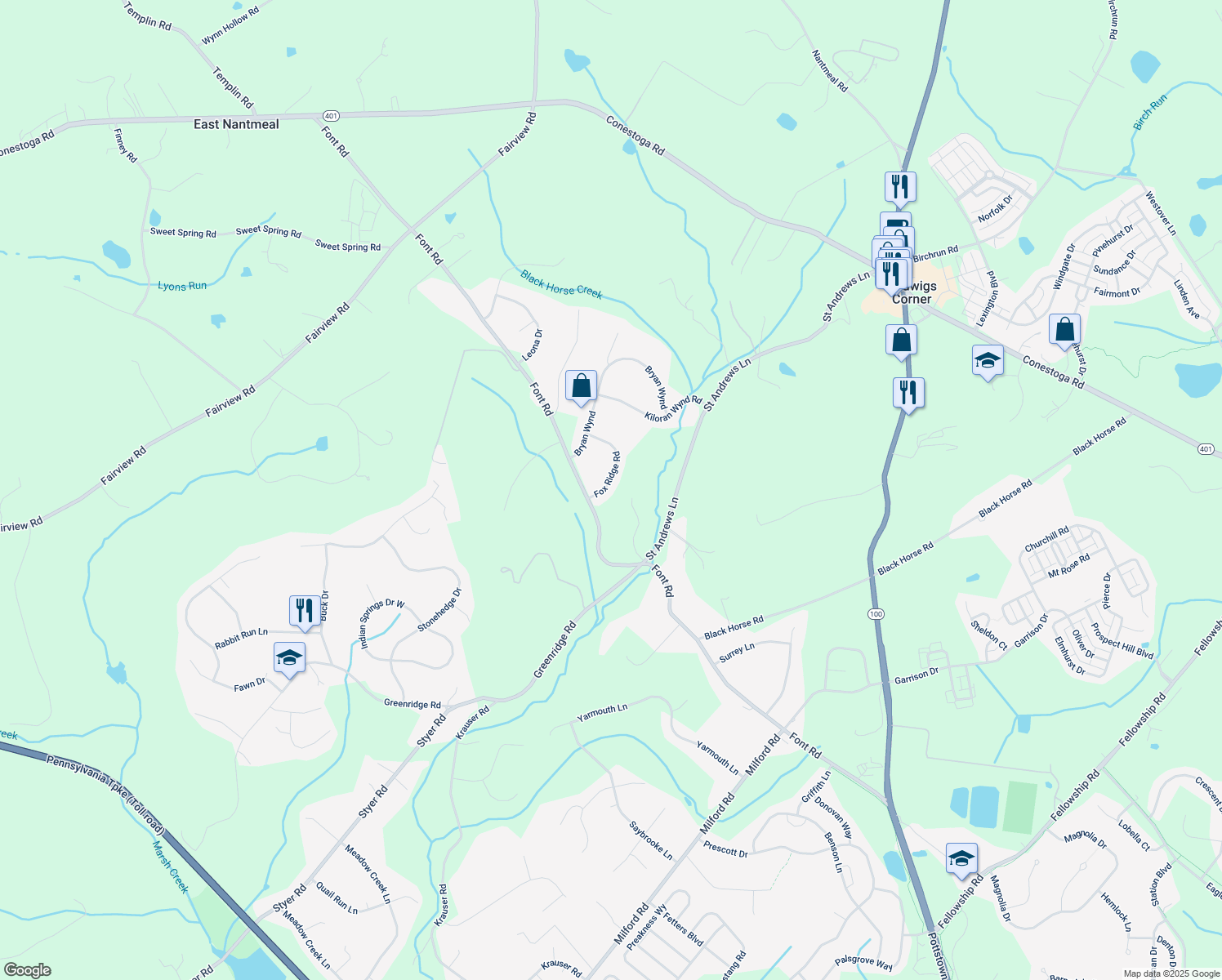 map of restaurants, bars, coffee shops, grocery stores, and more near 5 Fox Ridge Road in Glenmoore