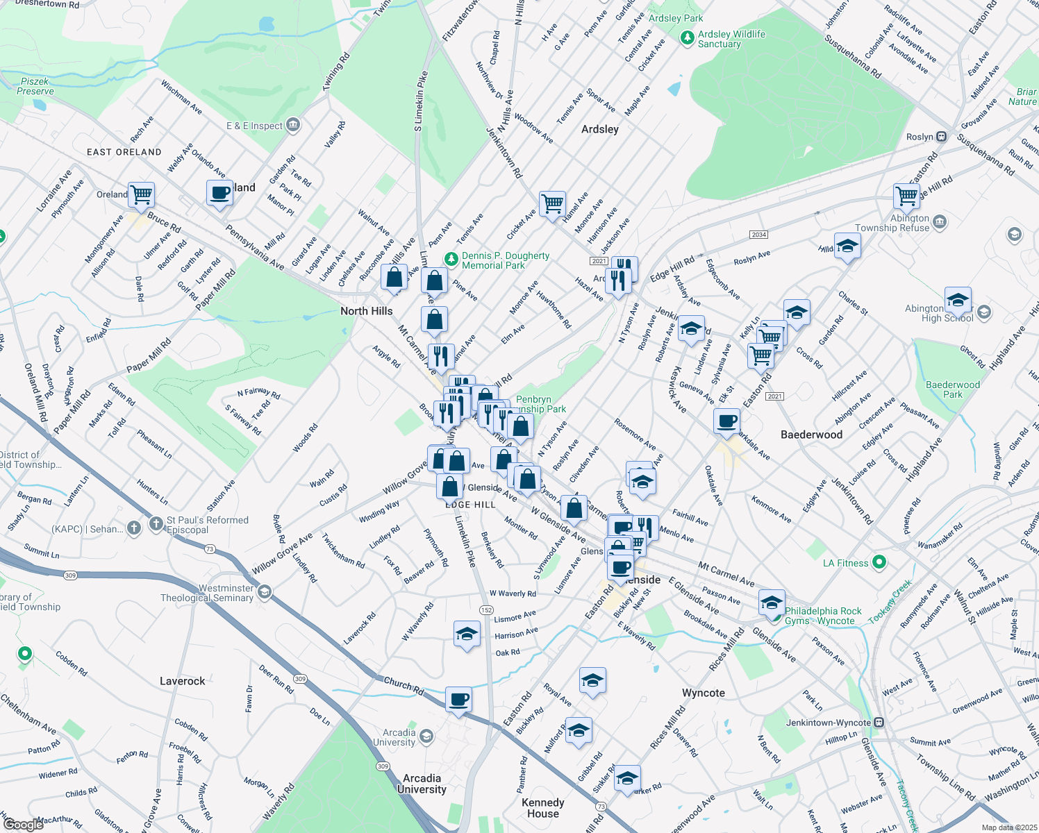 map of restaurants, bars, coffee shops, grocery stores, and more near 2611 Burleigh Avenue in Glenside