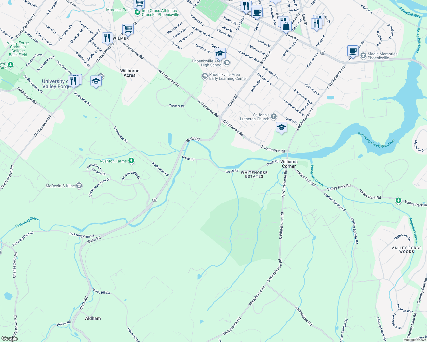 map of restaurants, bars, coffee shops, grocery stores, and more near 101 Tinker Hill Road in Phoenixville