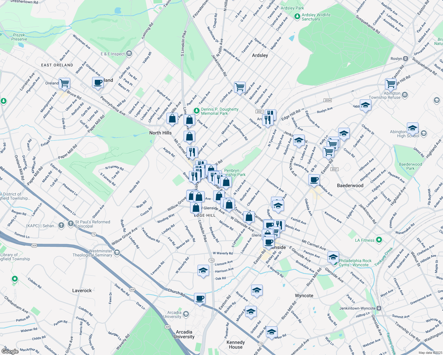 map of restaurants, bars, coffee shops, grocery stores, and more near 2624 Burleigh Avenue in Glenside