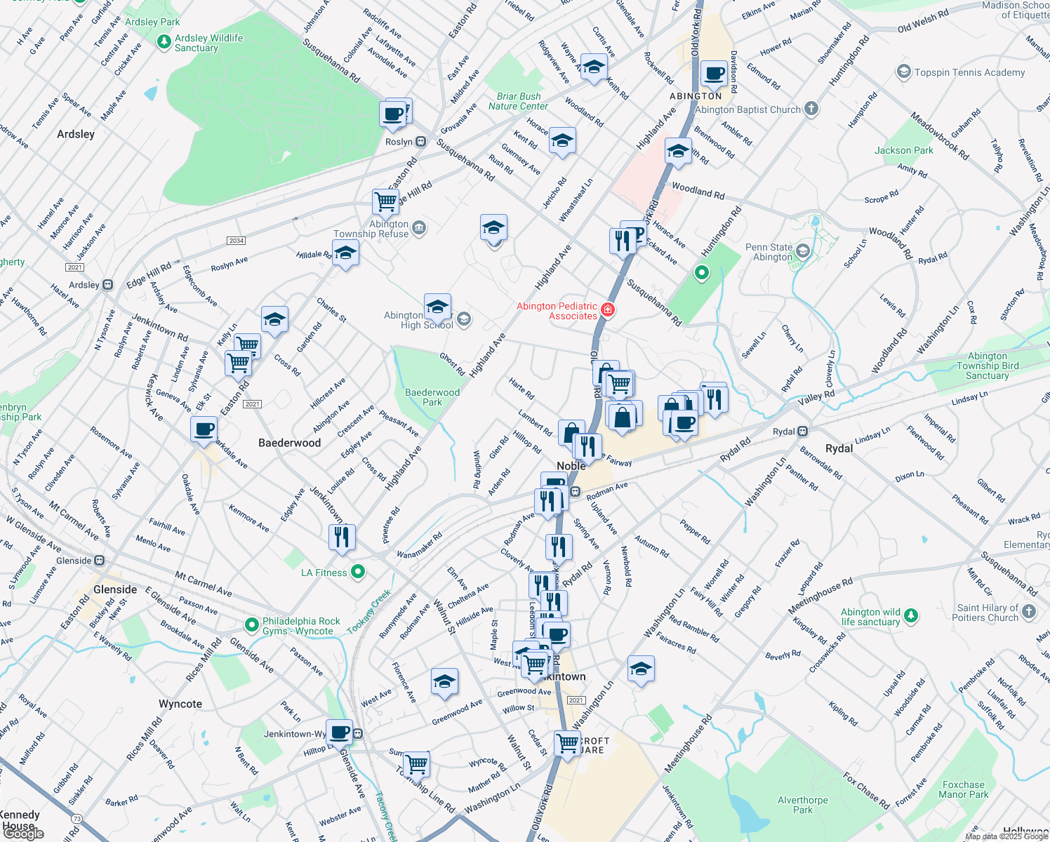 map of restaurants, bars, coffee shops, grocery stores, and more near 1898 Lambert Rd in Jenkintown