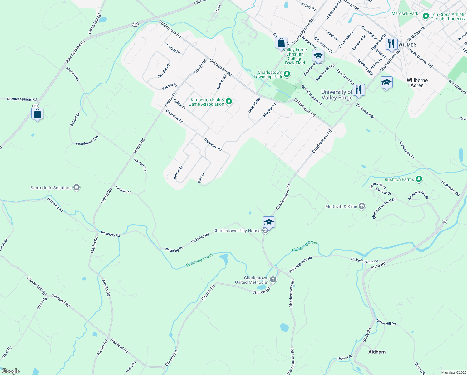 map of restaurants, bars, coffee shops, grocery stores, and more near 2585 Charlestown Road in Phoenixville
