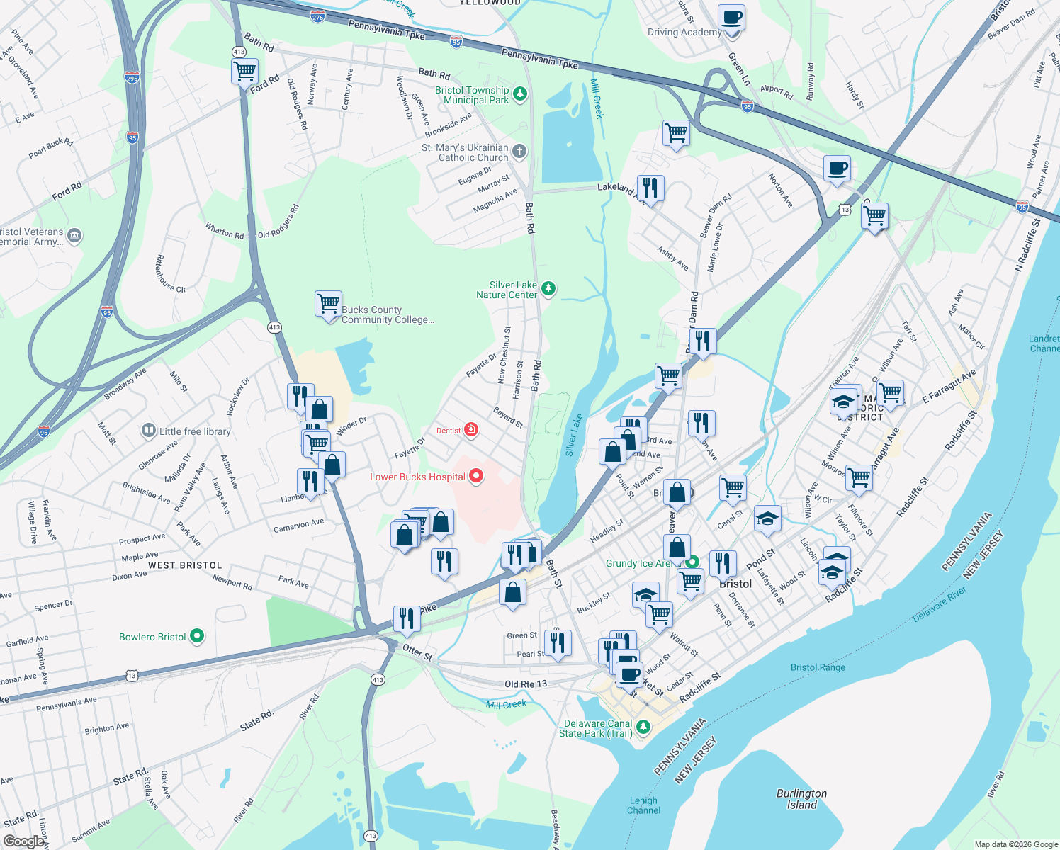 map of restaurants, bars, coffee shops, grocery stores, and more near 907 Bath Road in Bristol