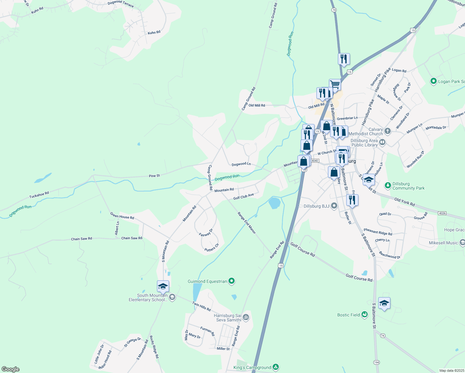 map of restaurants, bars, coffee shops, grocery stores, and more near 406 Mountain Rd in Dillsburg