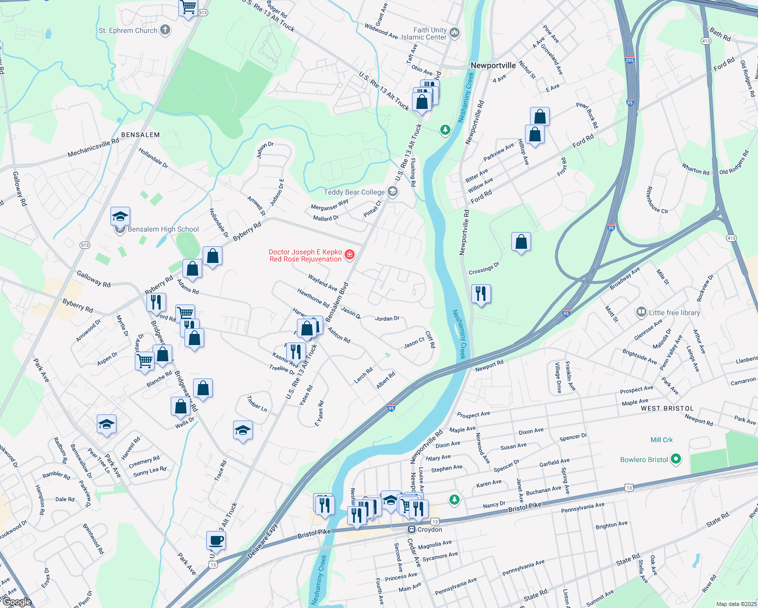 map of restaurants, bars, coffee shops, grocery stores, and more near 535 Princeton Court in Bensalem