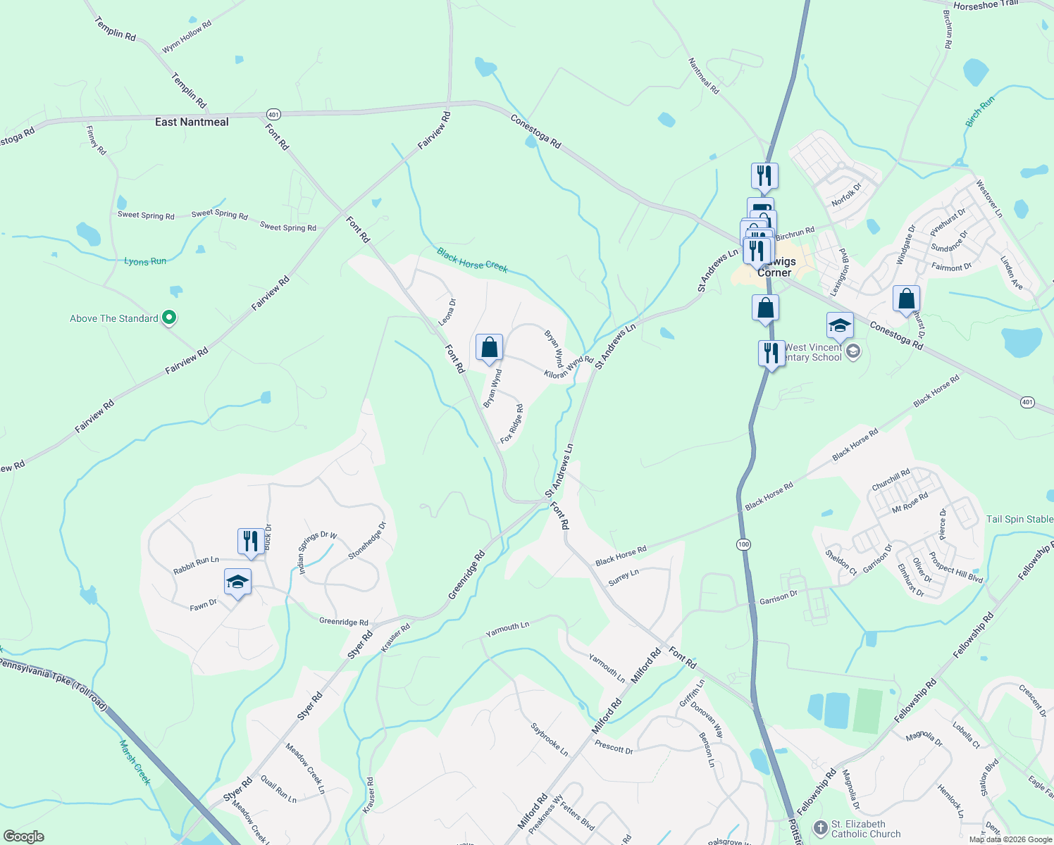 map of restaurants, bars, coffee shops, grocery stores, and more near 9 Fox Ridge Road in Glenmoore