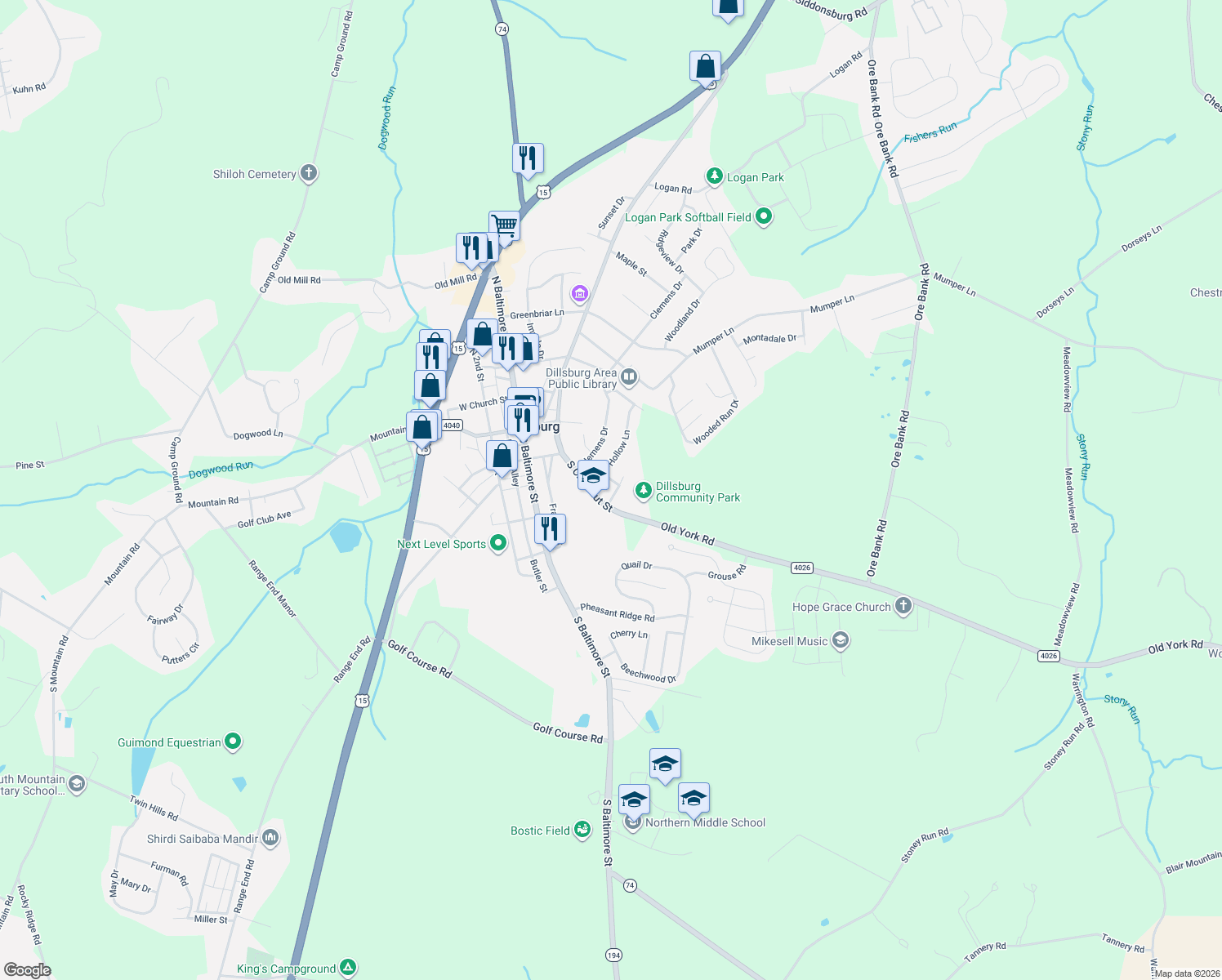 map of restaurants, bars, coffee shops, grocery stores, and more near 101 Hollow Ln in Dillsburg