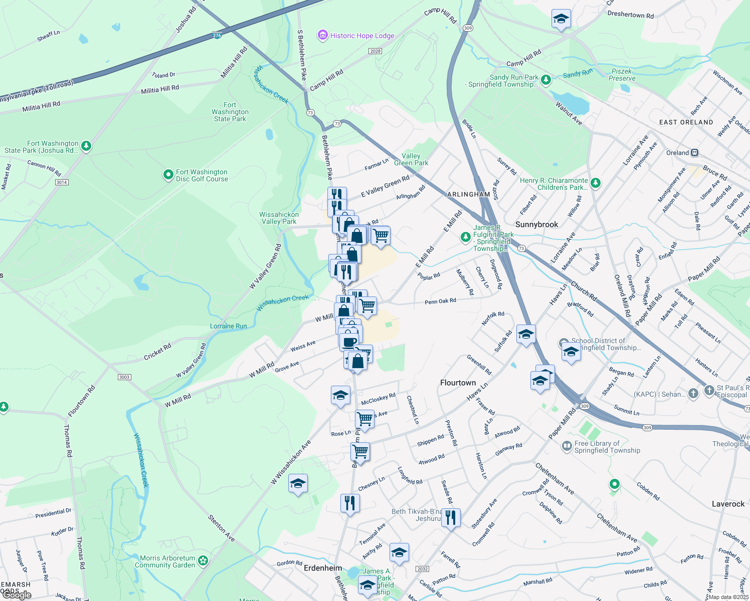 map of restaurants, bars, coffee shops, grocery stores, and more near 21 E Mill Rd in Flourtown