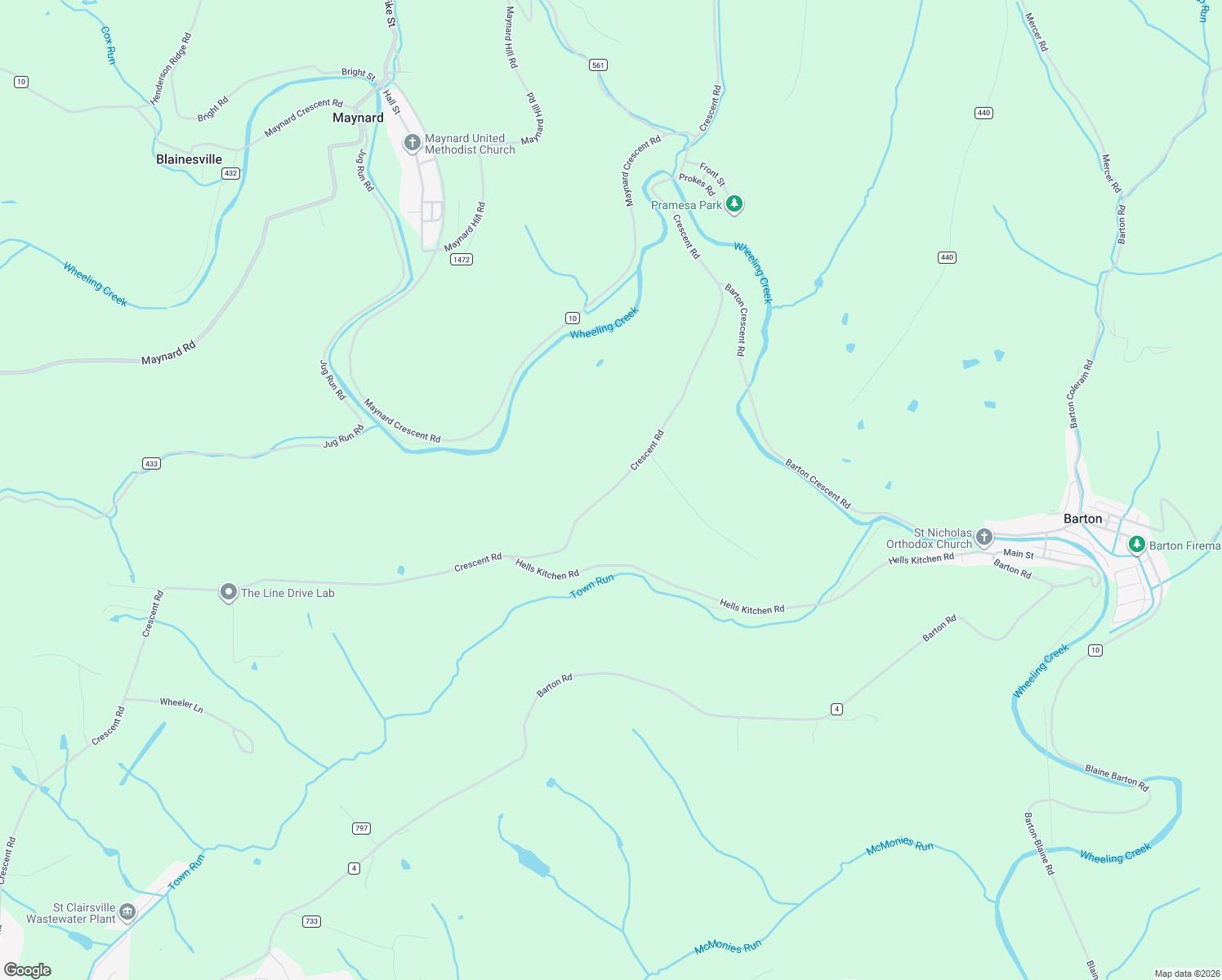 map of restaurants, bars, coffee shops, grocery stores, and more near 70820 Saint Clairsville-Crescent Road in St. Clairsville