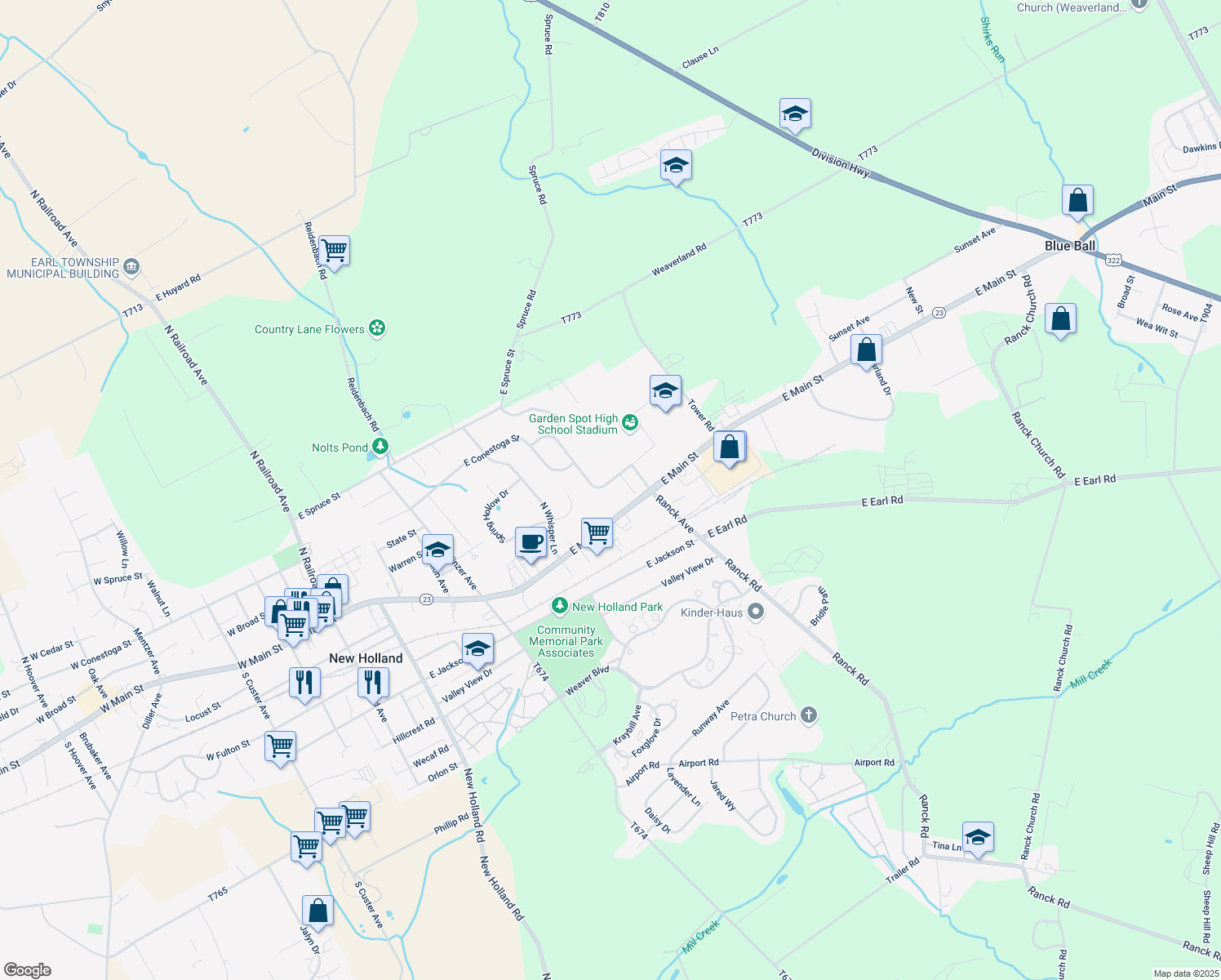 map of restaurants, bars, coffee shops, grocery stores, and more near 80 Willow Ridge in New Holland