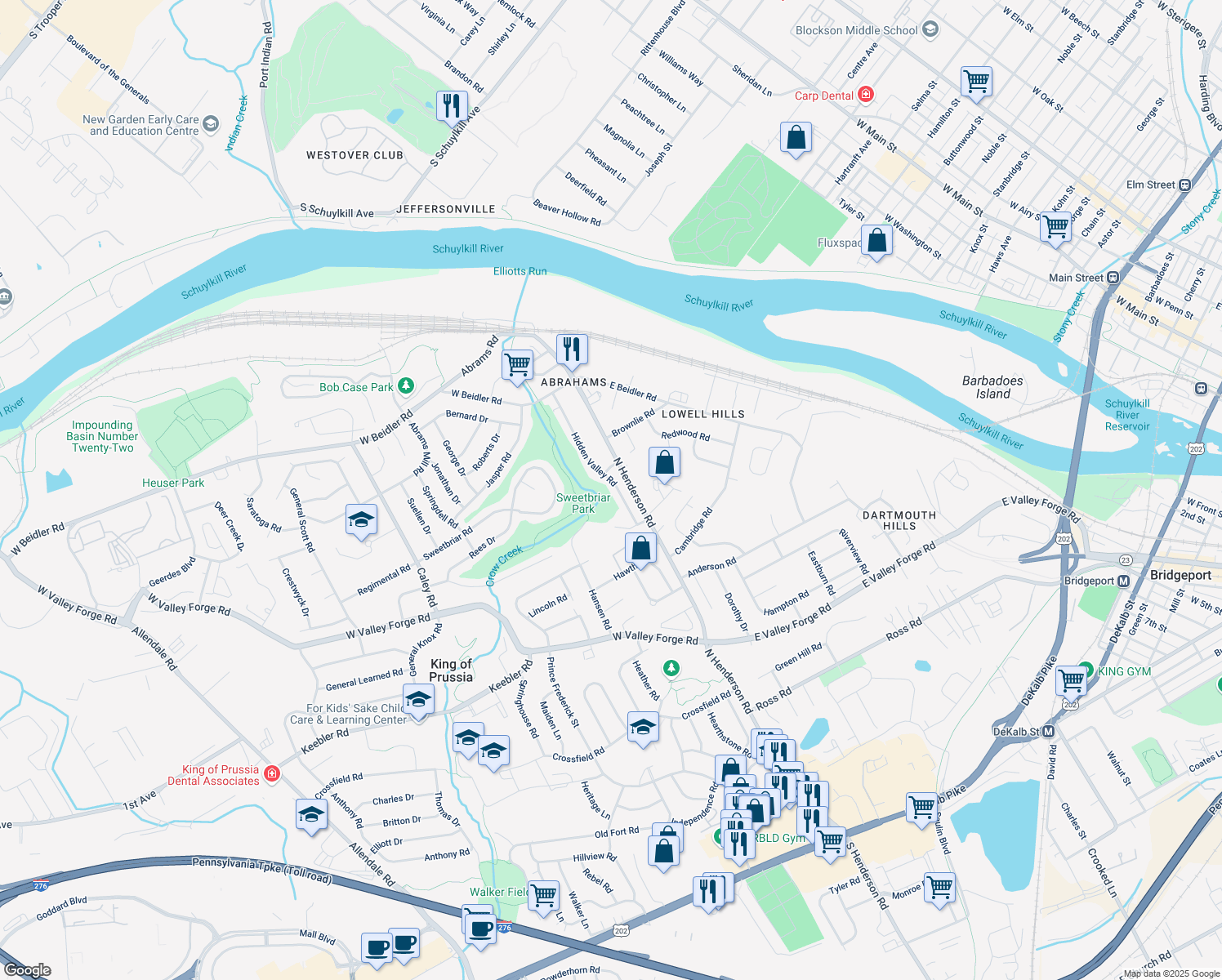 map of restaurants, bars, coffee shops, grocery stores, and more near 612 Hidden Valley Road in King of Prussia