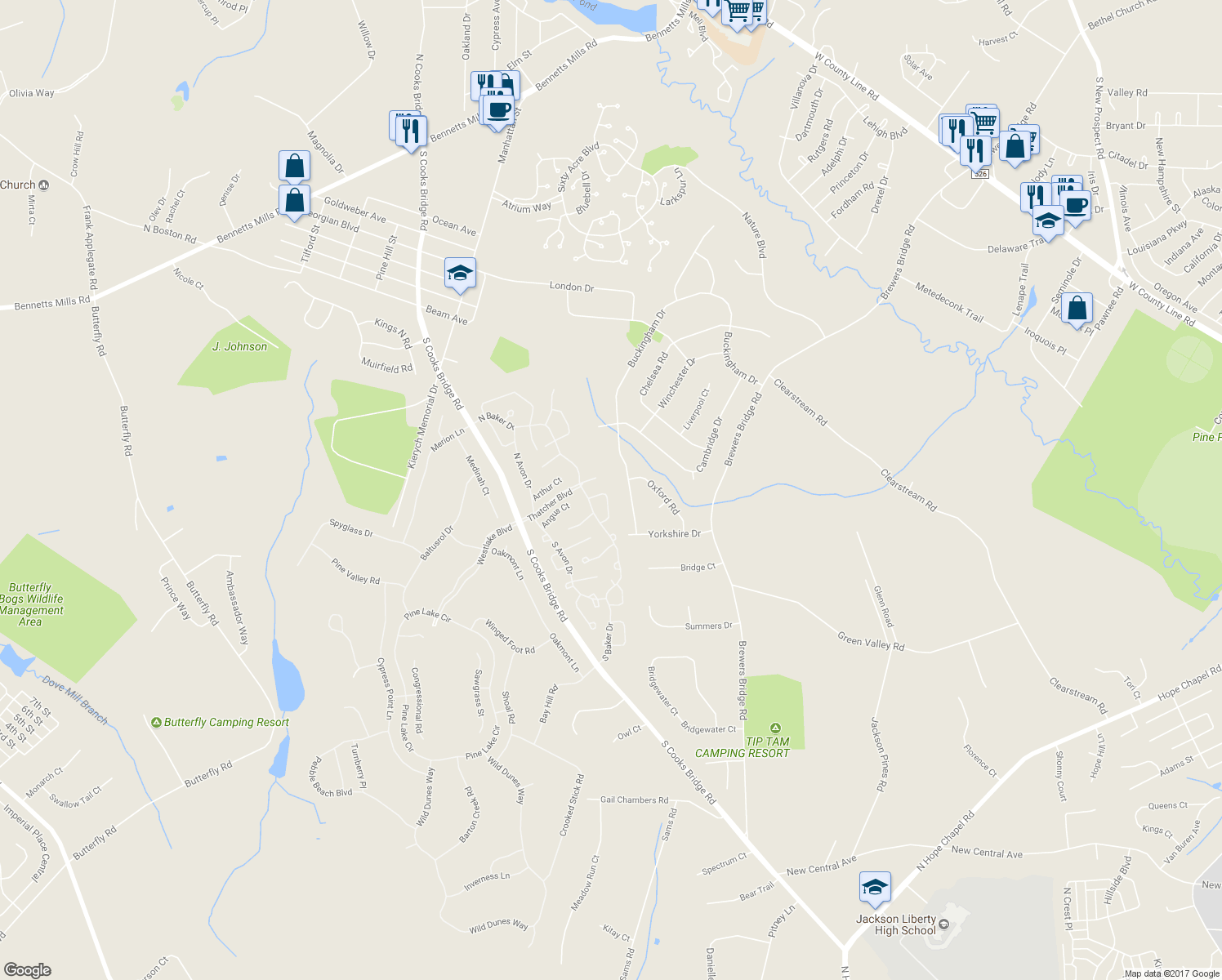 map of restaurants, bars, coffee shops, grocery stores, and more near 18 Portebello Road in Jackson