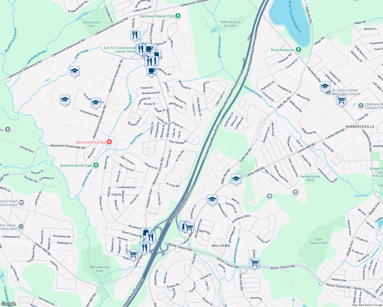 map of restaurants, bars, coffee shops, grocery stores, and more near 894 Cindy Court in Brick