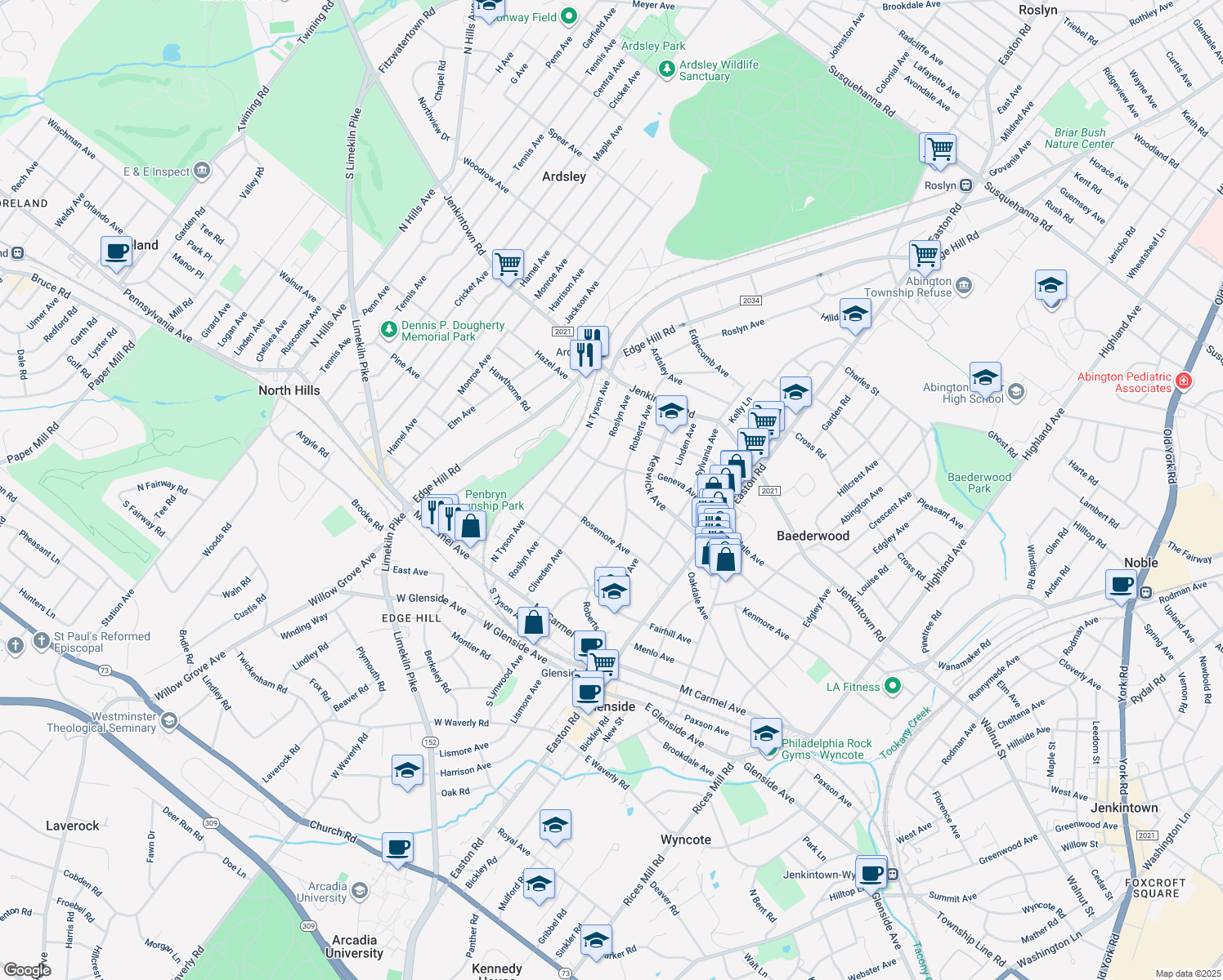 map of restaurants, bars, coffee shops, grocery stores, and more near 345 Cliveden Avenue in Glenside