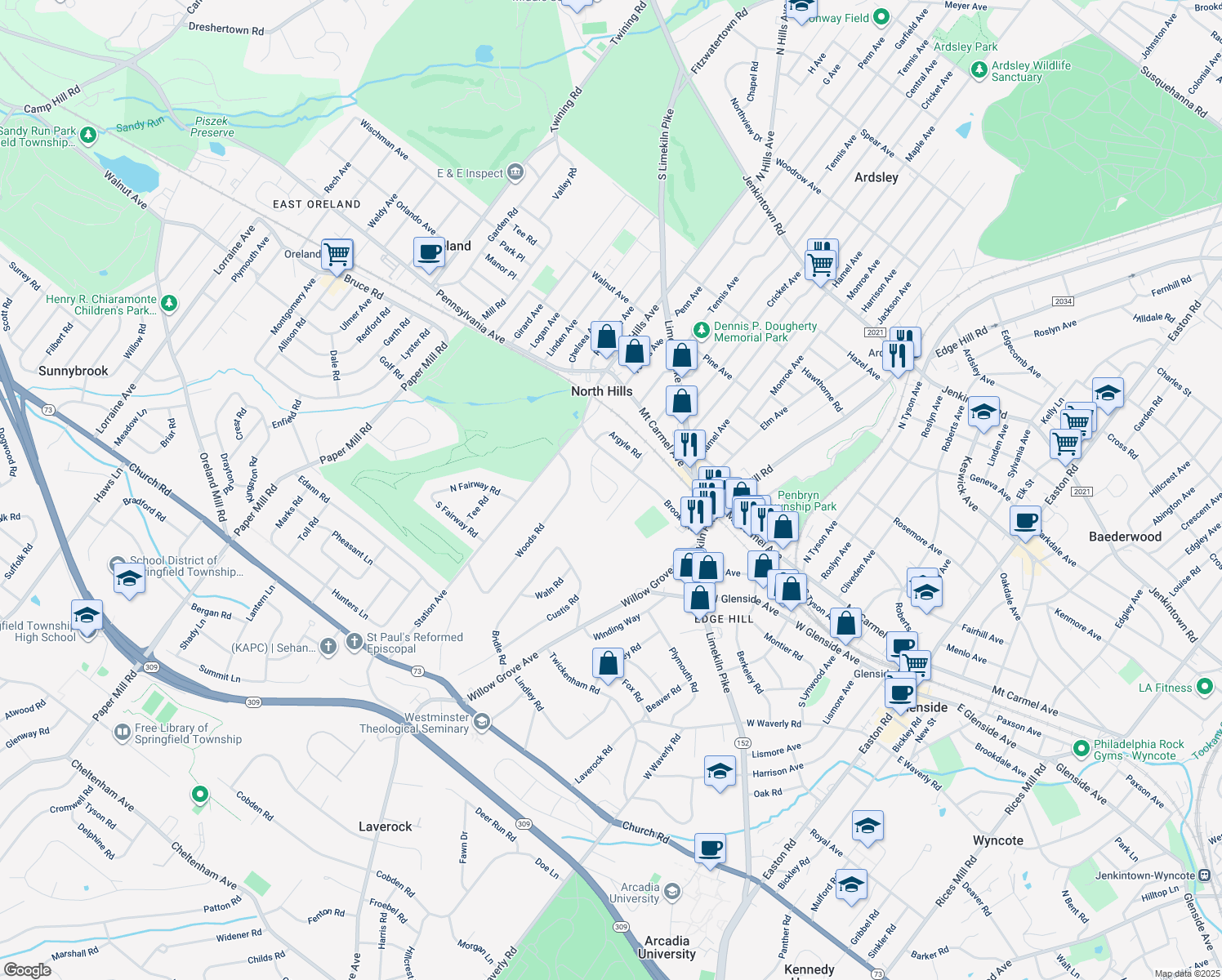 map of restaurants, bars, coffee shops, grocery stores, and more near 44 West Chelfield Road in Glenside