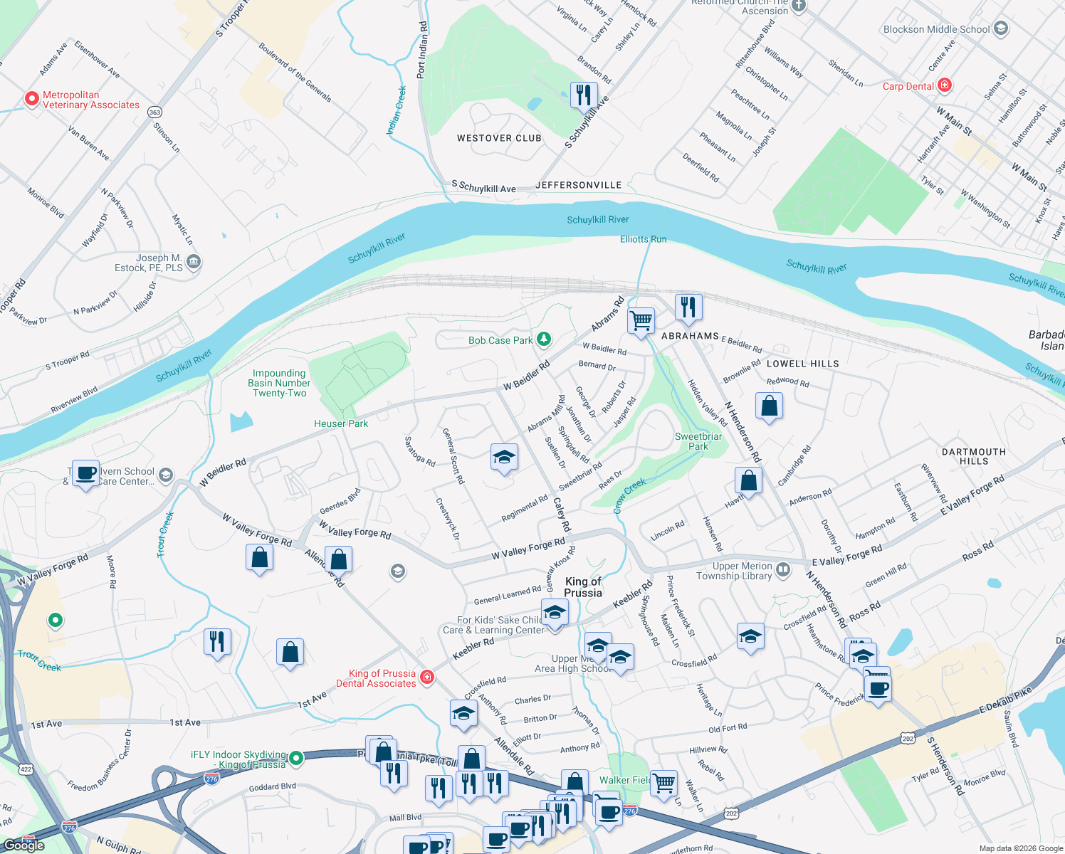 map of restaurants, bars, coffee shops, grocery stores, and more near 367 Abrams Mill Road in King of Prussia