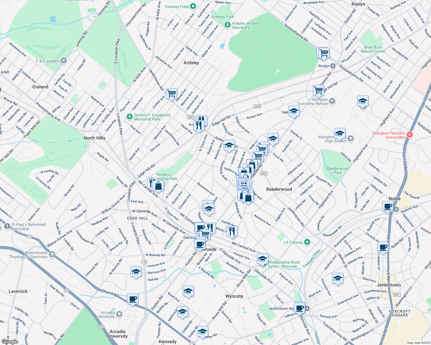 map of restaurants, bars, coffee shops, grocery stores, and more near 367 Roberts Avenue in Glenside