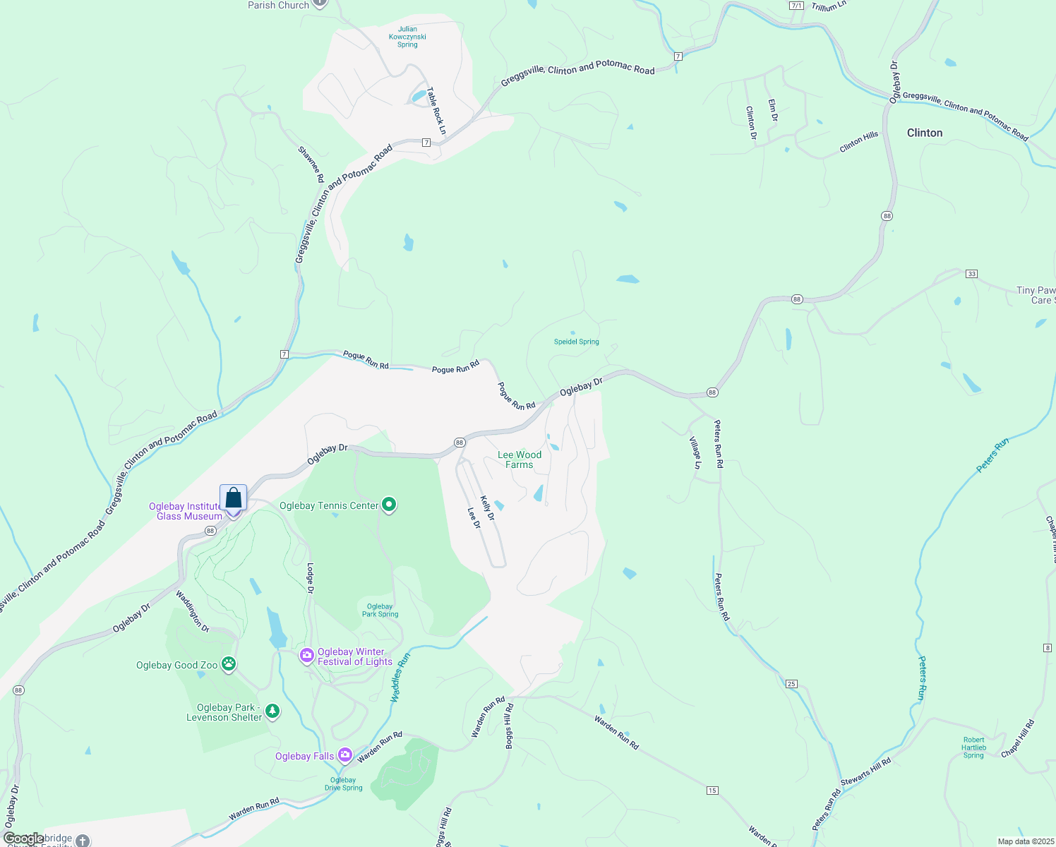 map of restaurants, bars, coffee shops, grocery stores, and more near 355 Oglebay Drive in Wheeling