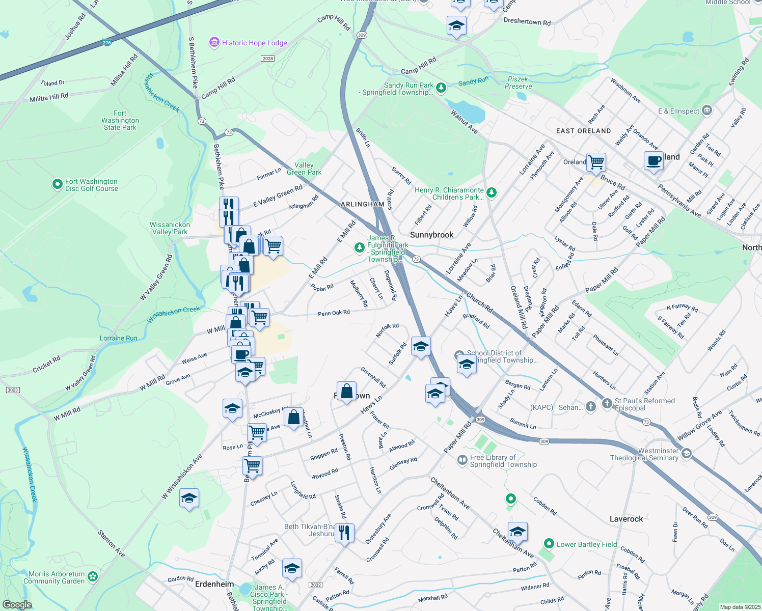 map of restaurants, bars, coffee shops, grocery stores, and more near 407 Penn Oak Road in Flourtown