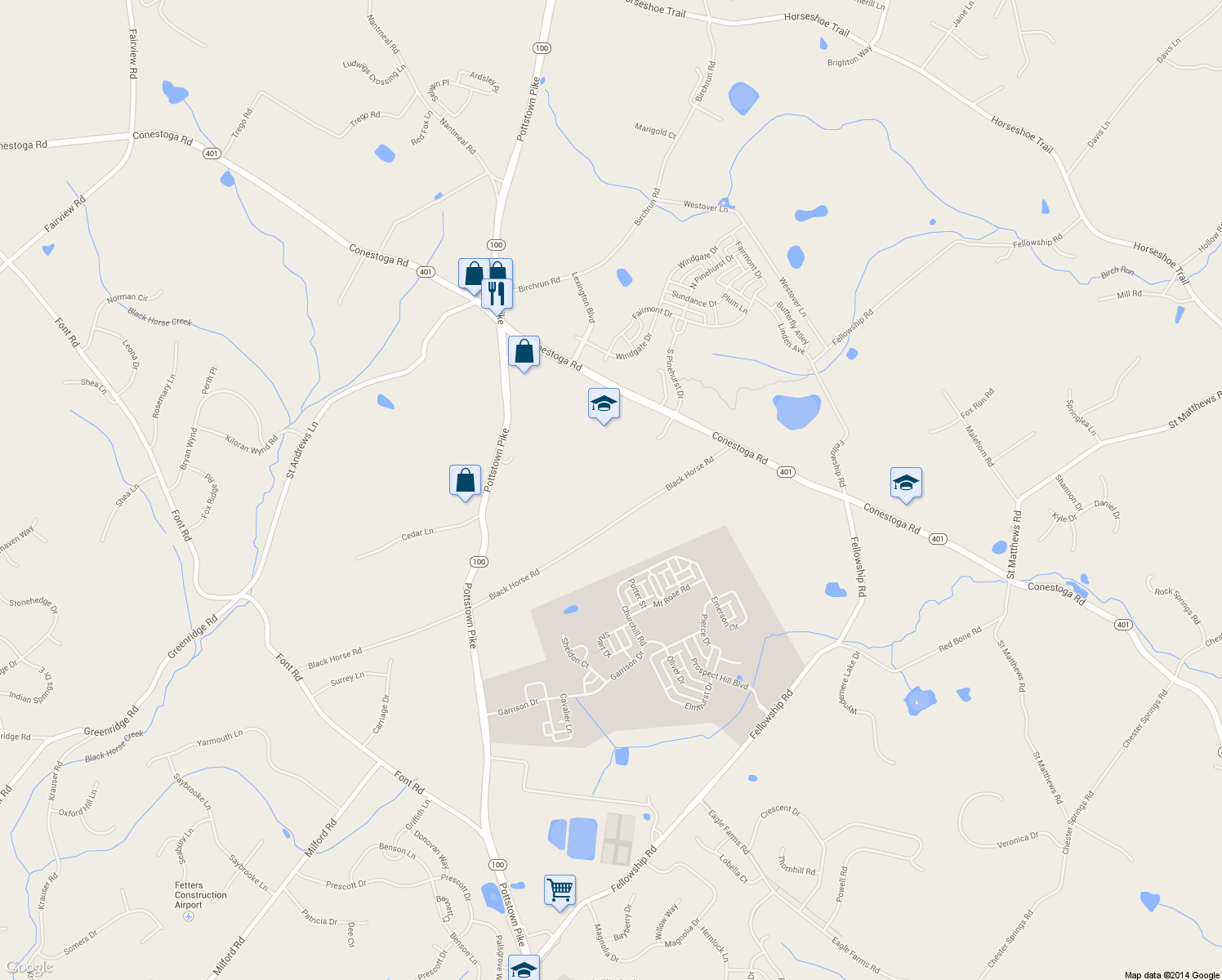 map of restaurants, bars, coffee shops, grocery stores, and more near 441 Black Horse Road in Chester Springs