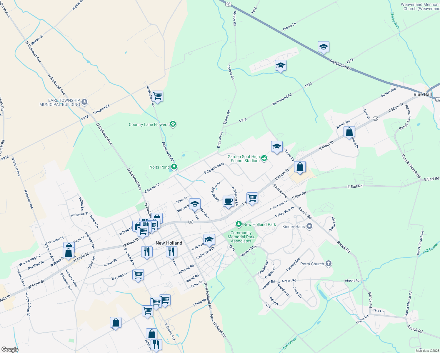 map of restaurants, bars, coffee shops, grocery stores, and more near 56 North Whisper Lane in New Holland
