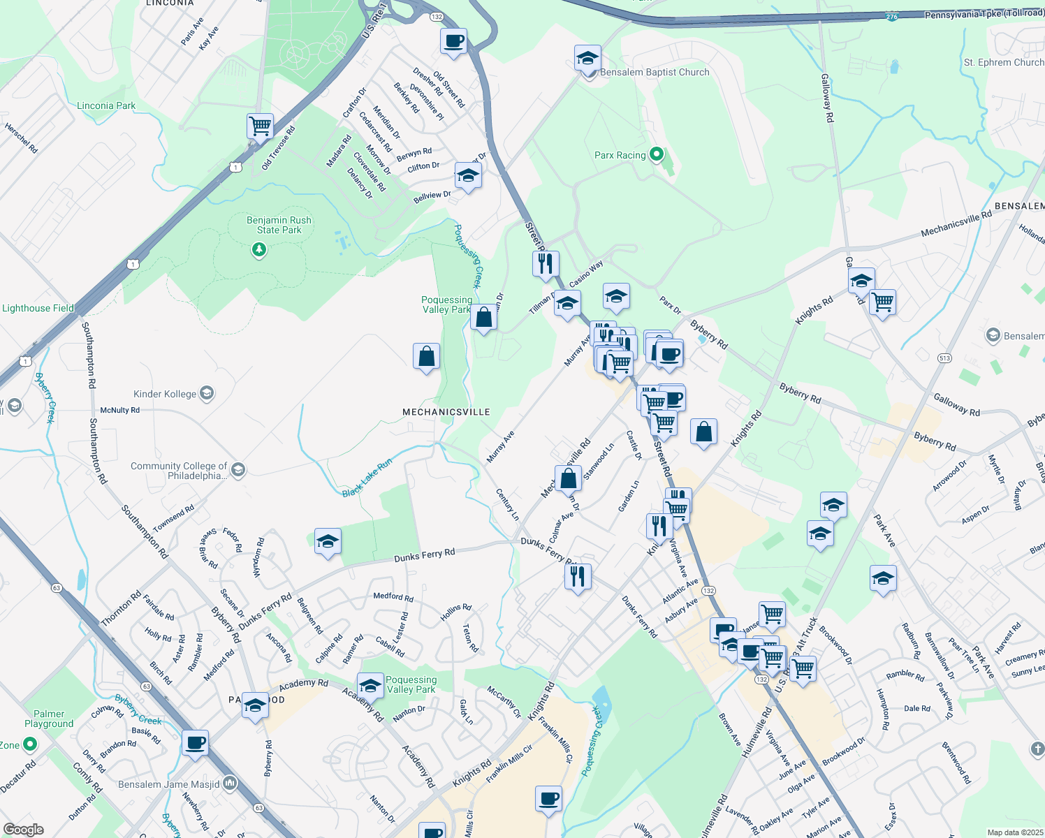 map of restaurants, bars, coffee shops, grocery stores, and more near 2742 Murray Ave in Bensalem