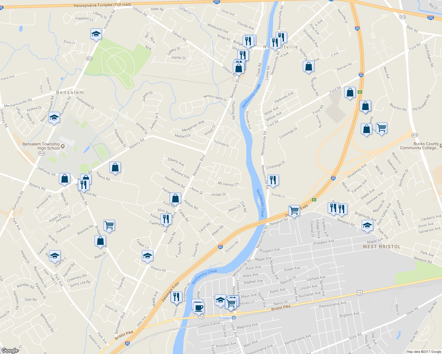map of restaurants, bars, coffee shops, grocery stores, and more near 560 Trinity Court in Bensalem