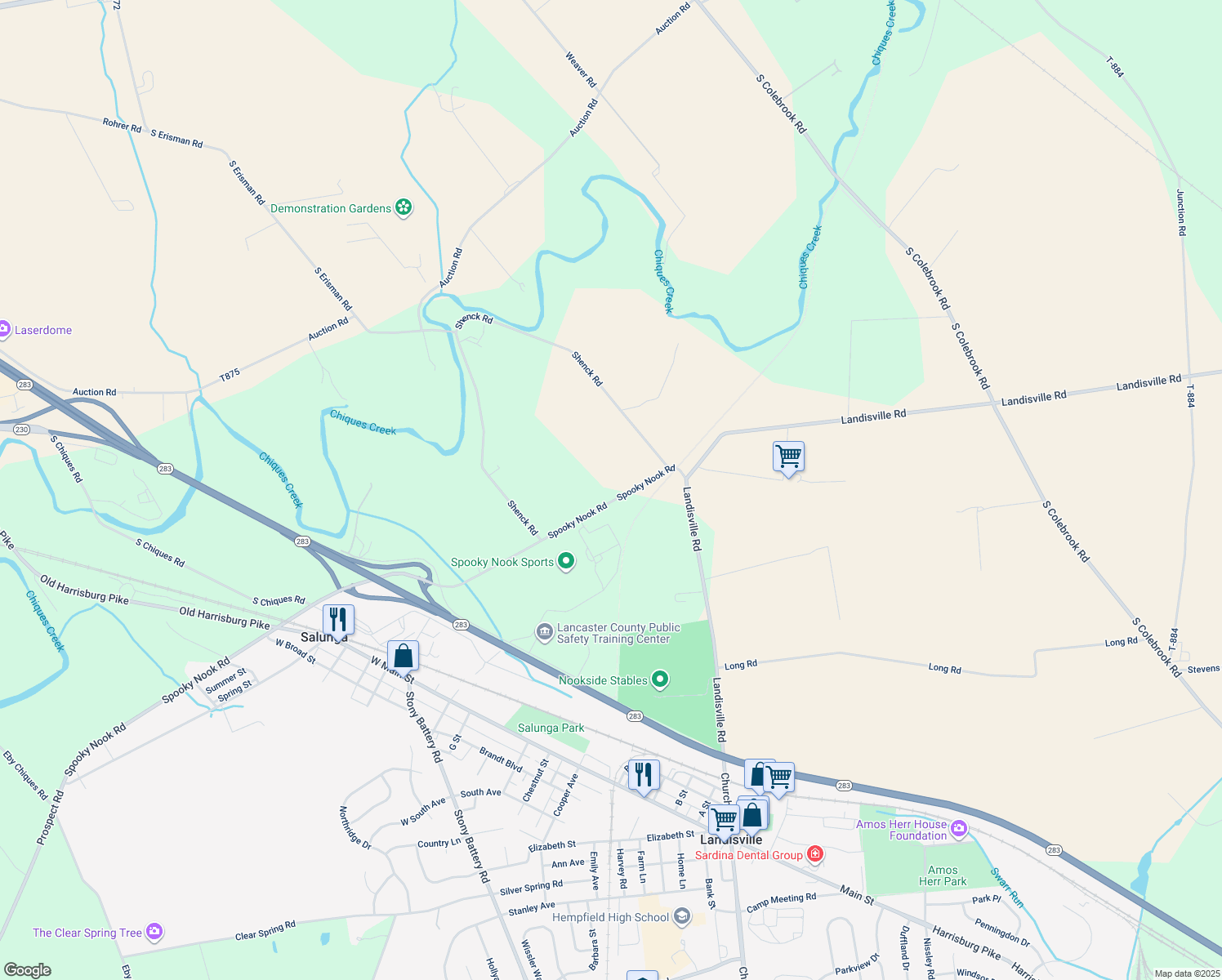 map of restaurants, bars, coffee shops, grocery stores, and more near 3016 Spooky Nook Road in Manheim