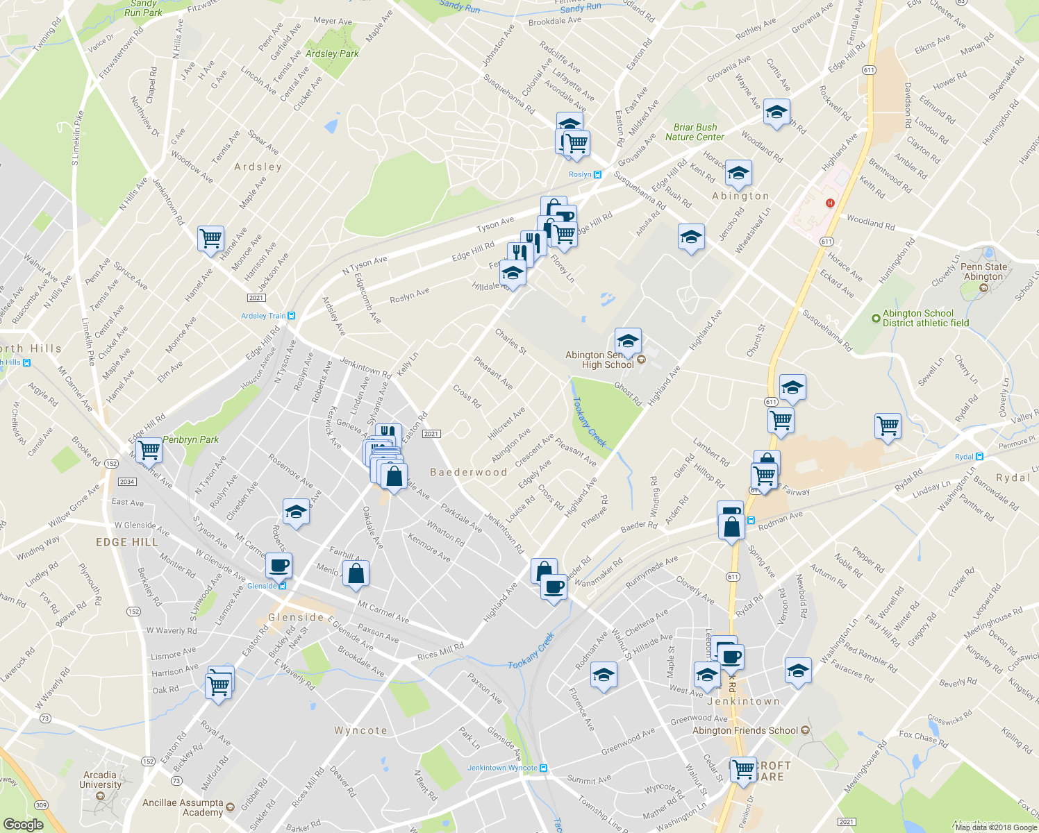map of restaurants, bars, coffee shops, grocery stores, and more near 639 Hillcrest Avenue in Glenside
