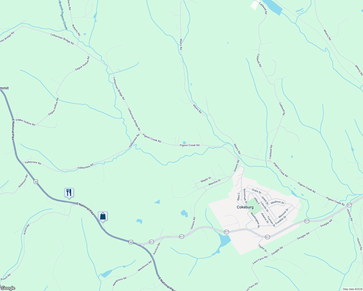 map of restaurants, bars, coffee shops, grocery stores, and more near 340 Pigeon Creek Road in Scenery Hill