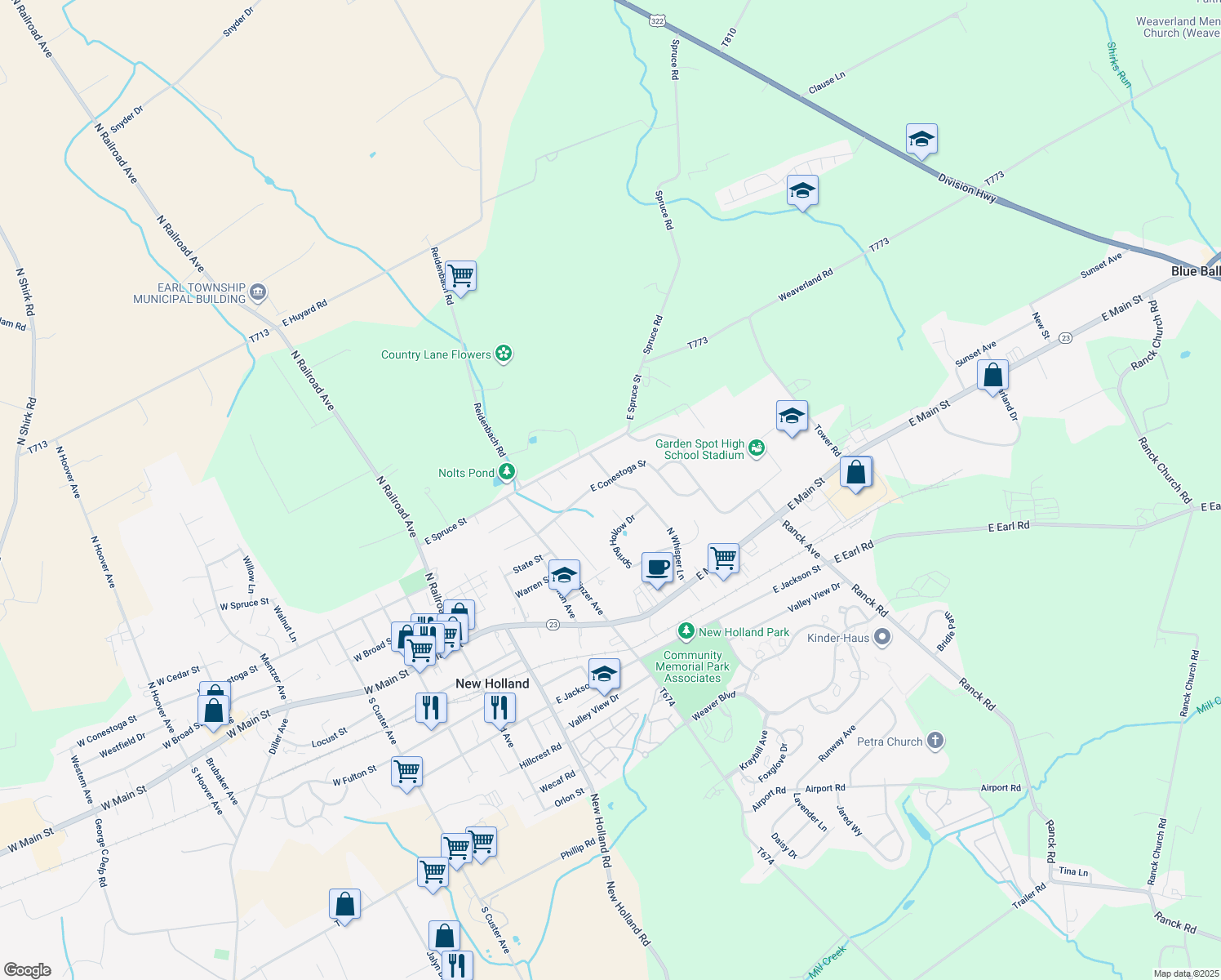 map of restaurants, bars, coffee shops, grocery stores, and more near 68 North Whisper Lane in New Holland